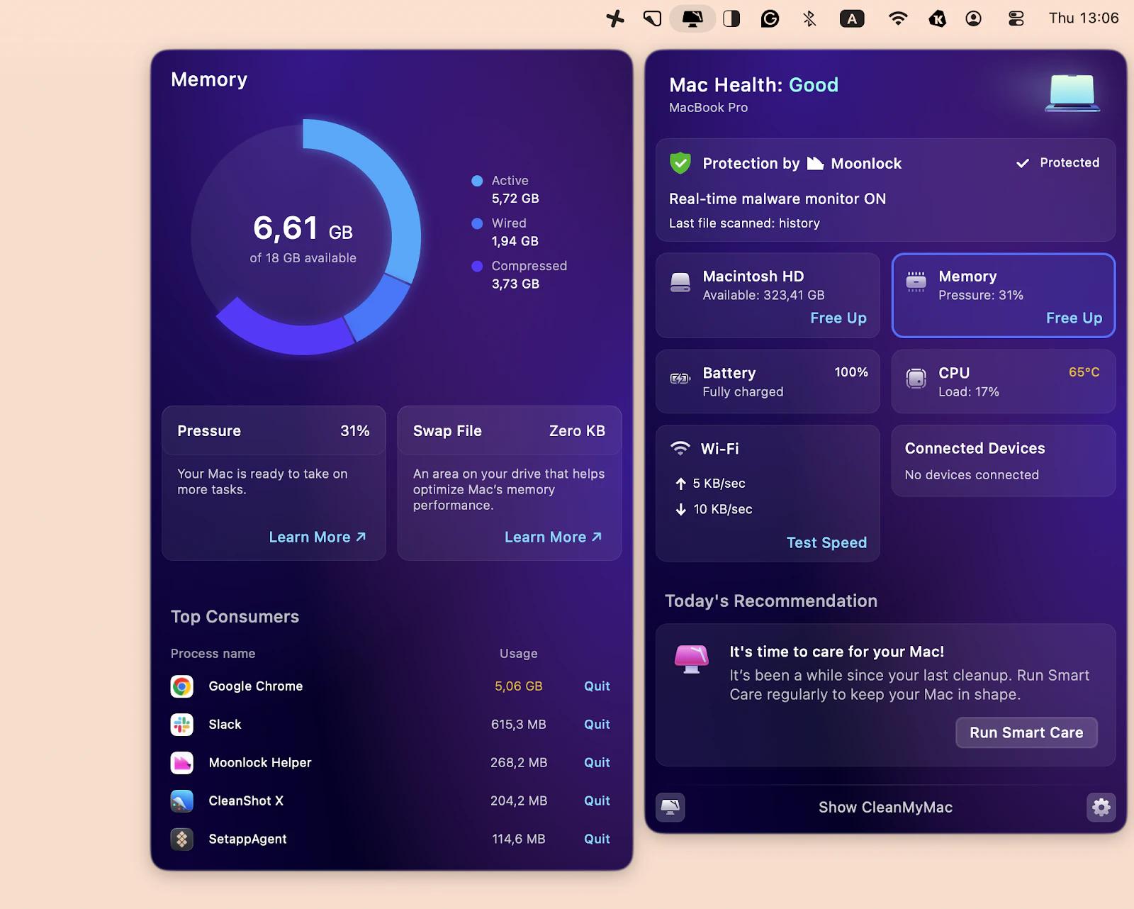 The Memory tab in the menu bar of CleanMyMac, a Mac optimization app that is available on Setapp.