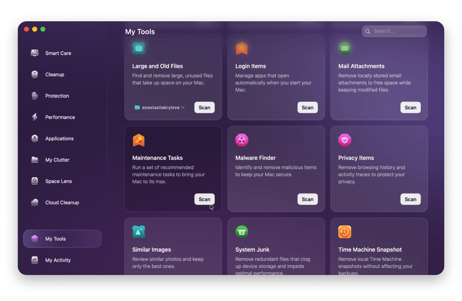 The My Tools panel in CleanMyMac, a Mac optimization app available on Setapp