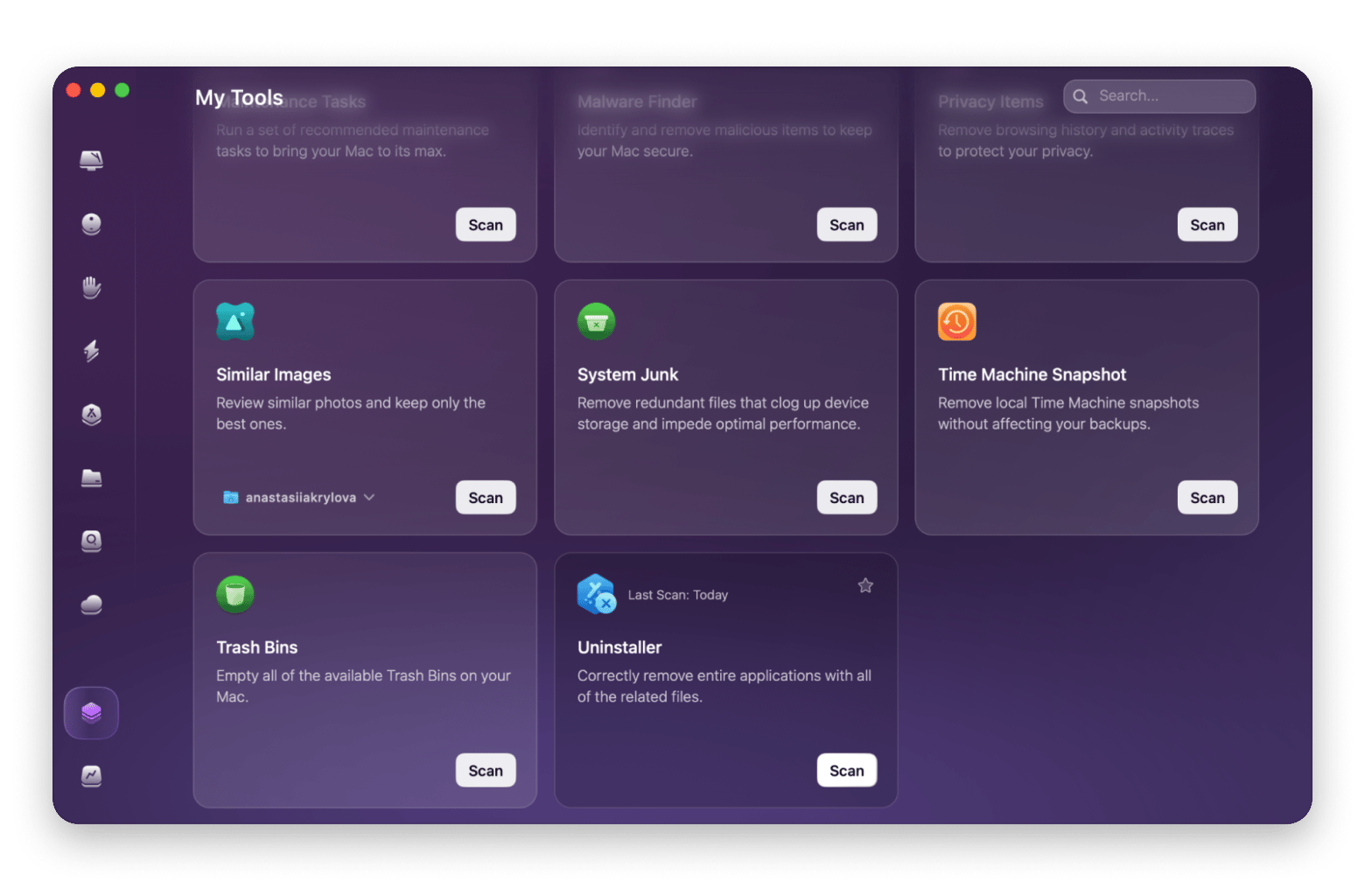 The list of My Tools on CleanMyMac, a Mac cleaning and maintenance app available on Setapp