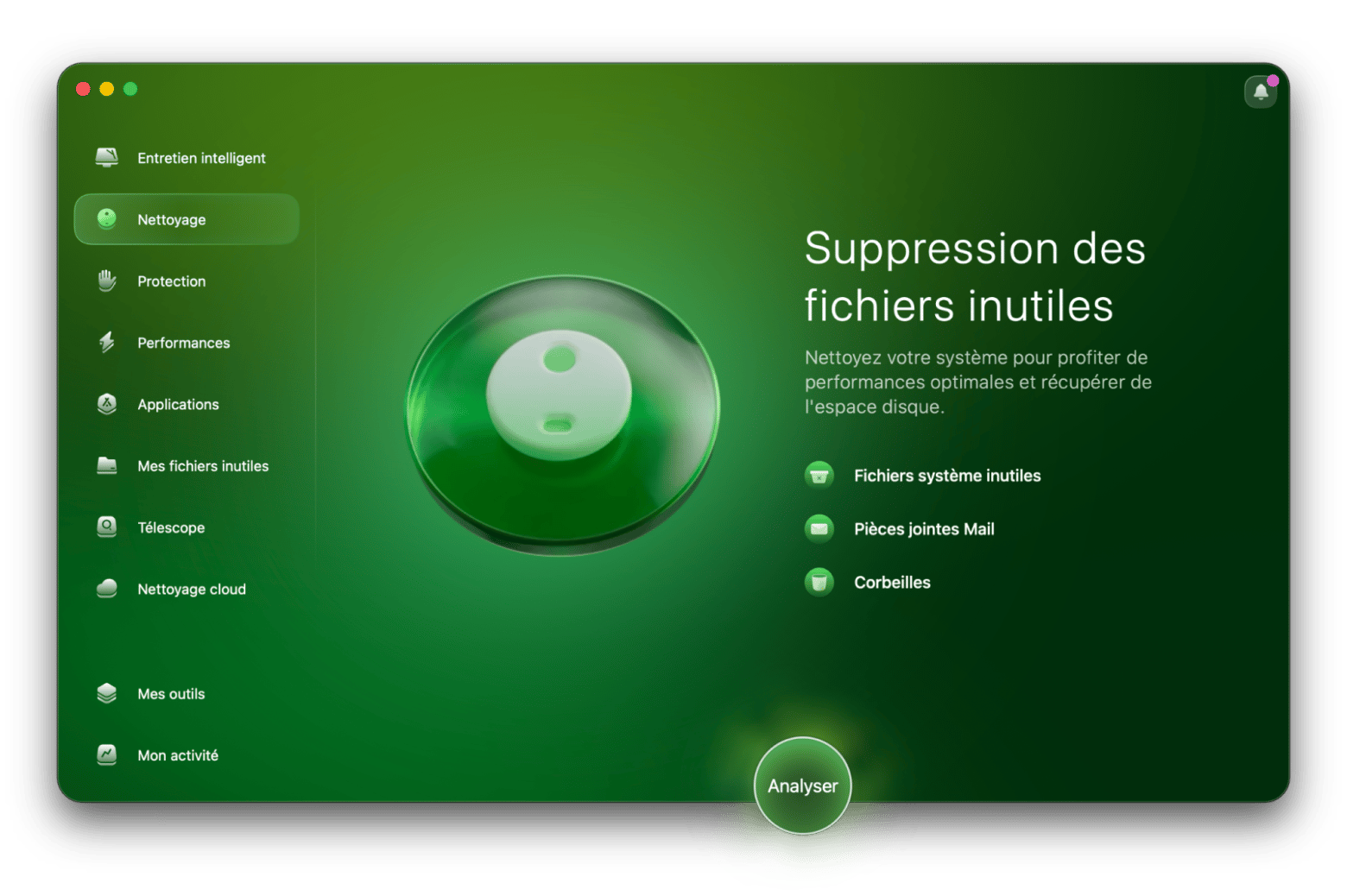 Interface de CleanMyMac lors de l'analyse de nettoyage des fichiers inutiles sur Mac, disponible dans Setapp