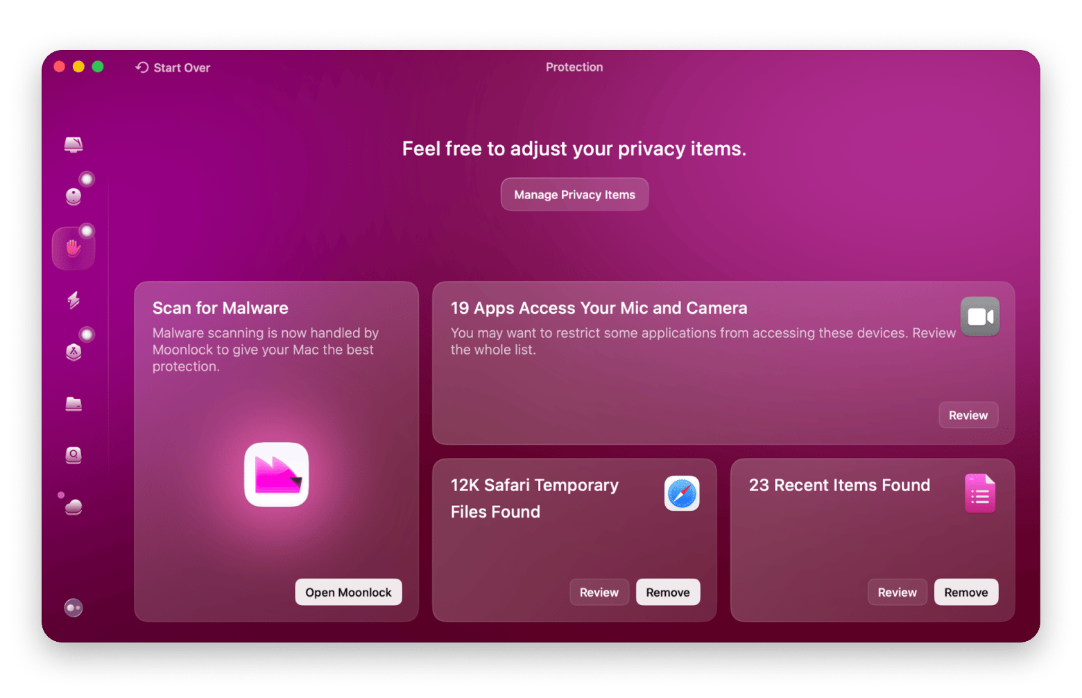 CleanMyMac Protection dashboard showing malware scanning, app permissions, and temporary files cleanup, available on Setapp