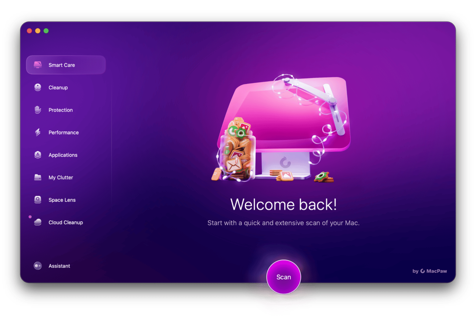 The start window of CleanMyMac, a Mac optimization app that is available on Setapp