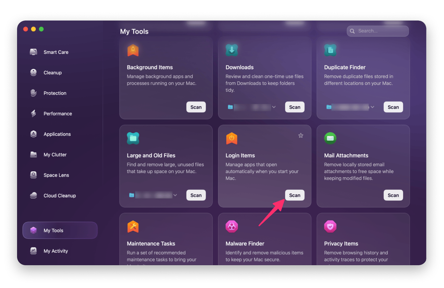 The Login Items Scan in CleanMyMac, a Mac optimization and security app available on Setapp