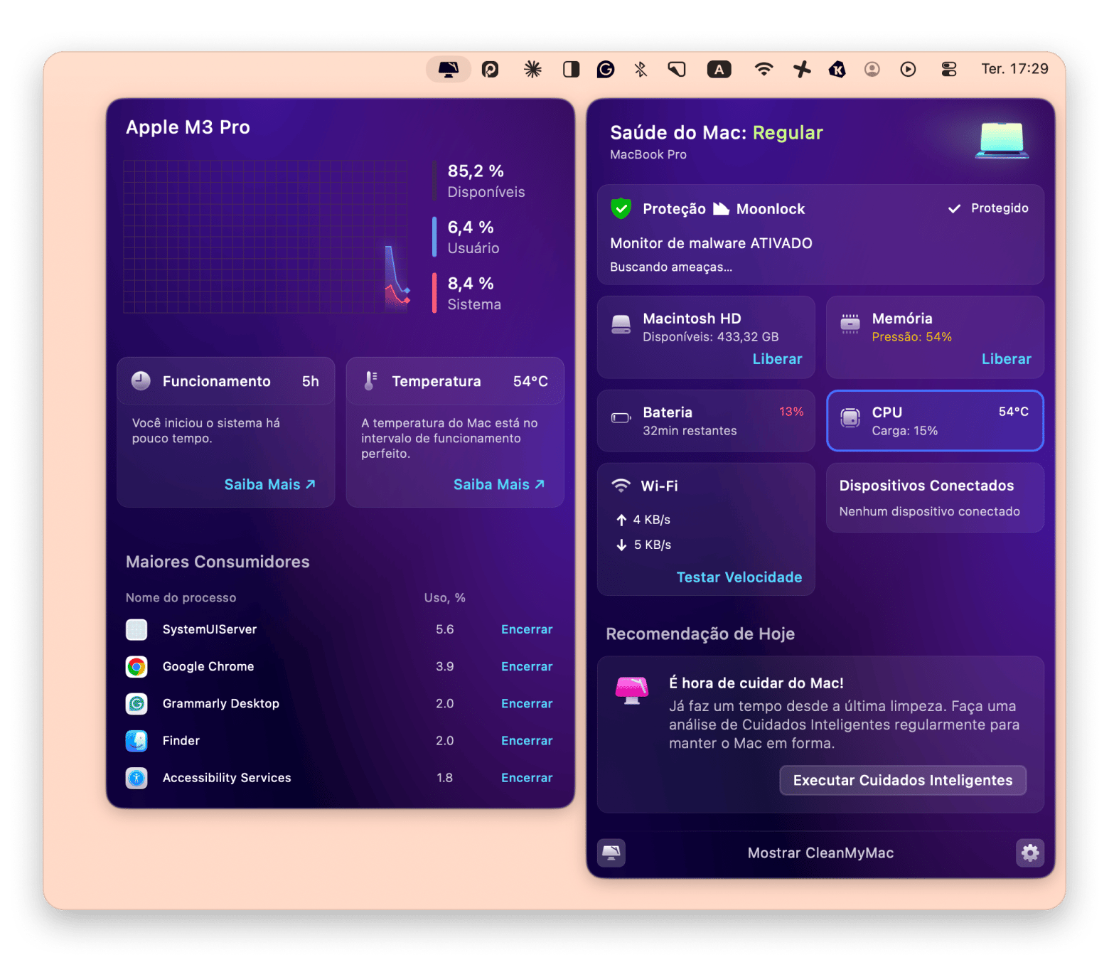 Interface do CleanMyMac identificando erros em disco externo conectado ao Mac, disponível no Setapp