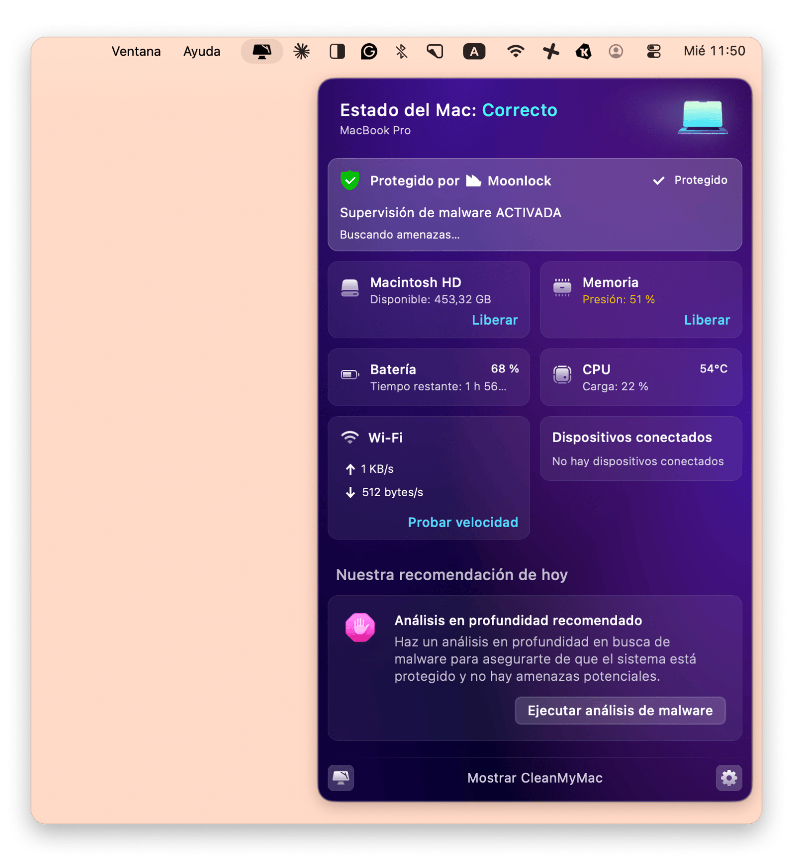 El widget de CleanMyMac, una app de optimización de Mac disponible en Setapp, para comprobar el estado del sistema El widget de CleanMyMac, una app de optimización de Mac disponible en Setapp, para comprobar el estado del sistema