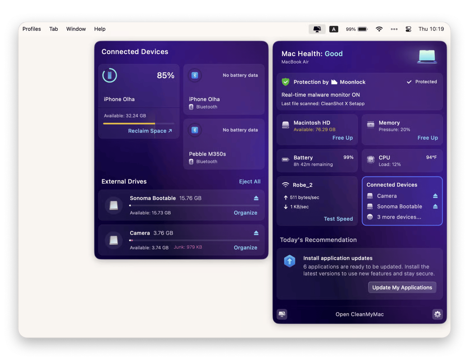 Illustrating how CleanMyMac’s widget, a Mac optimization app that is available on Setapp, can be used to check system health easily