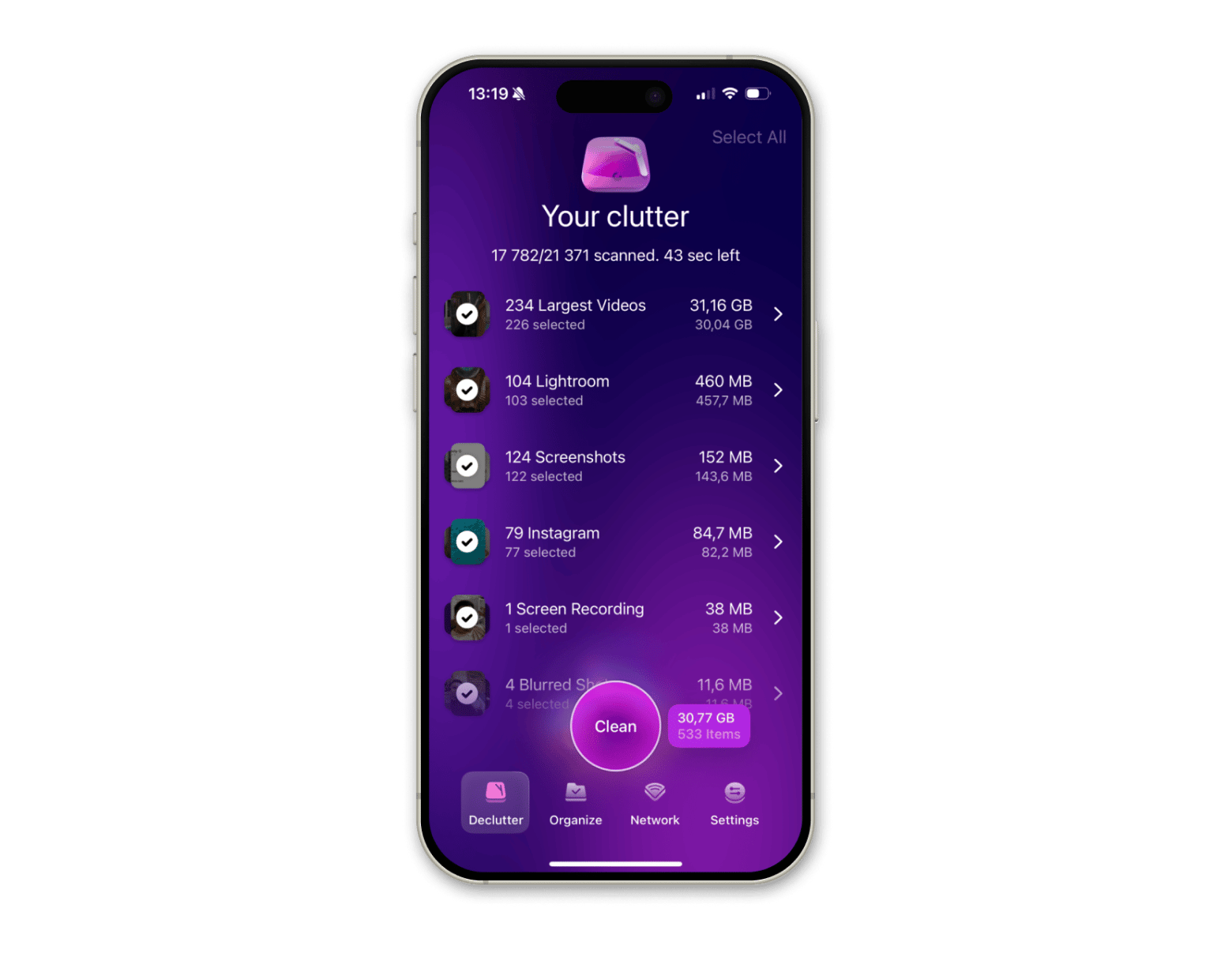 Die Oberfläche von CleanMy®Phone, einer iPhone-Cleaner-App, die auf Setapp verfügbar ist