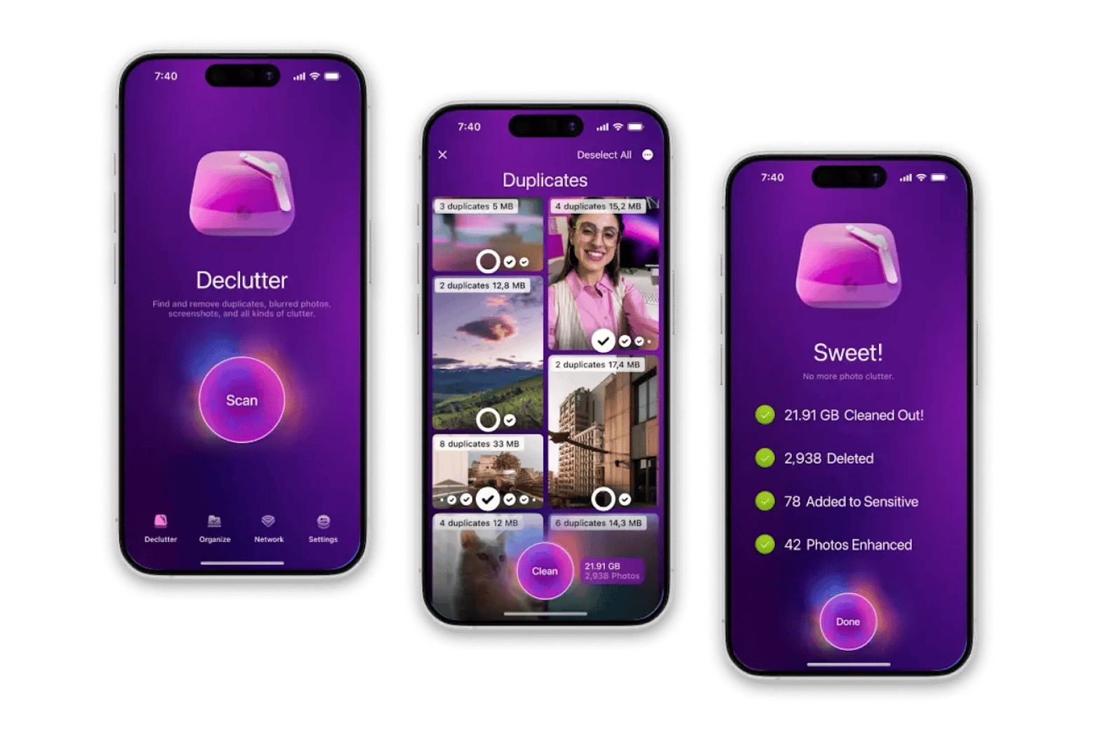 Die Oberfläche von CleanMy®Phone beim Sortieren von Fotos nach Kategorien, eine iOS-App verfügbar auf Setapp