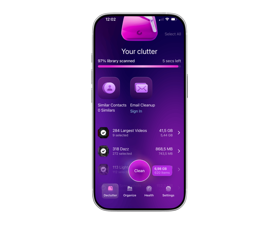 Interface principale de l'application CleanMyPhone affichant l'écran, une application disponible sur Setapp.