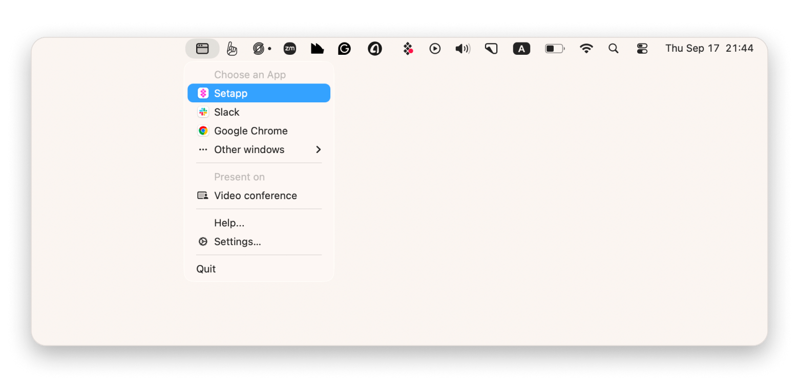 The menu bar of CleanPresenter, a focused screen sharing app available on Setapp