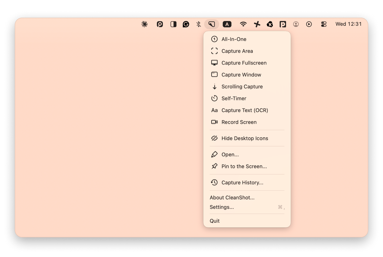 The CleanShot X screenshot menu with the Hide Desktop Icons setting, a Mac screenshot app available on Setapp