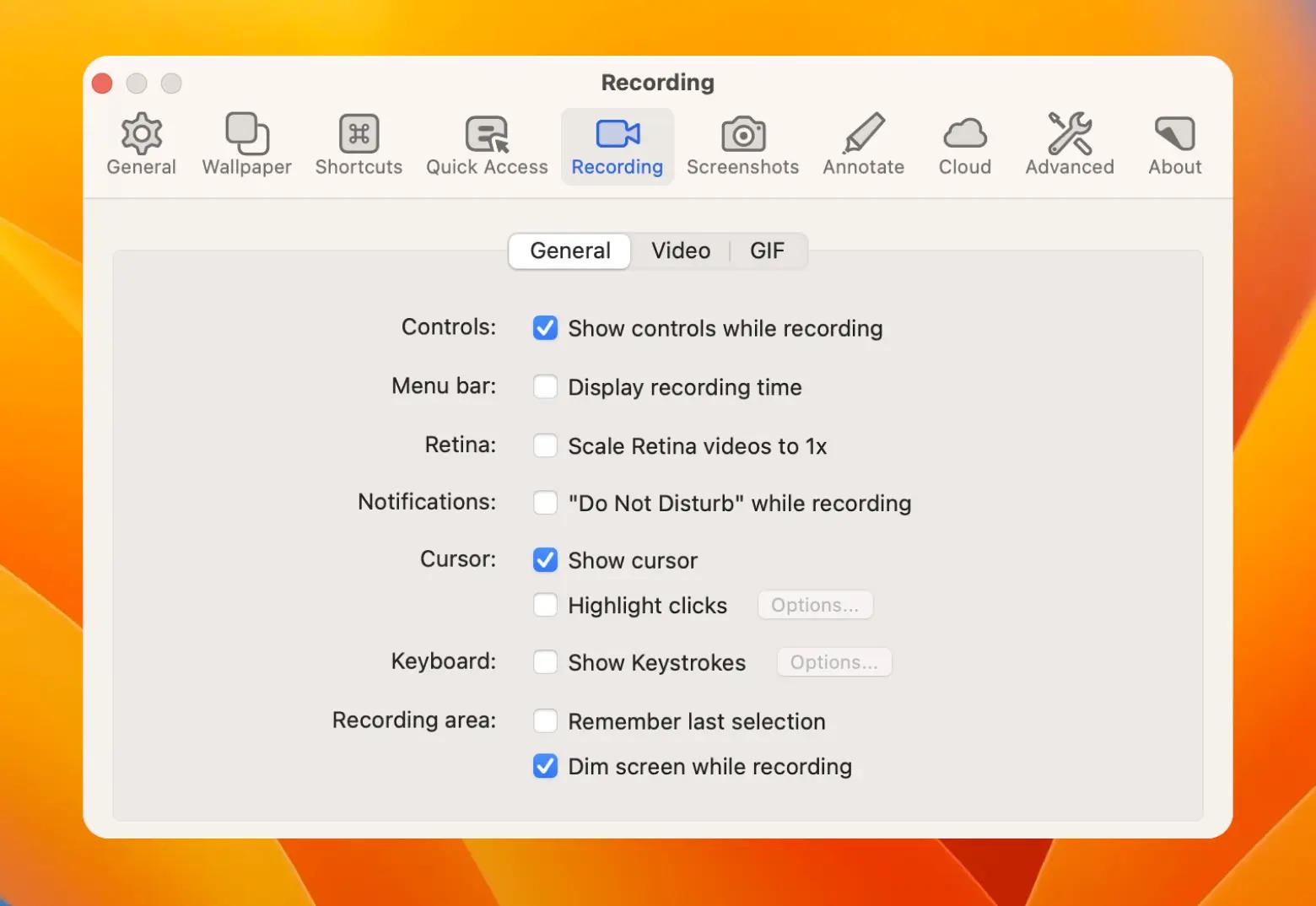 CleanShot X recording settings