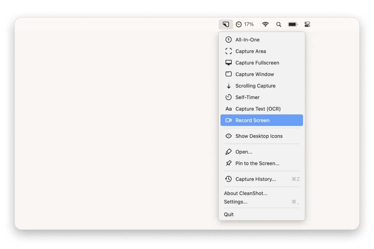 Die Aufnahmeoption in der Menüleiste von CleanShot X, einem Screenshot- und Bildschirmrekorder-Tool, das auf Setapp verfügbar ist