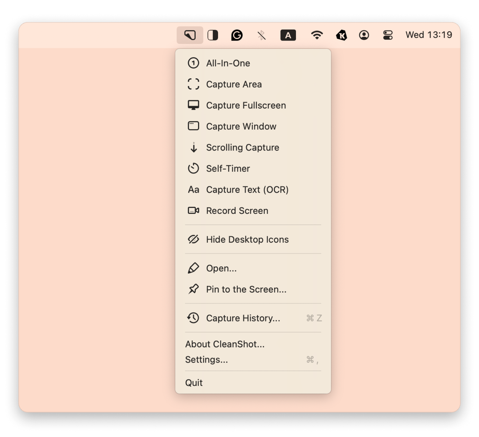 The menu bar of CleanShot X, a screen-capture app that is available on Setapp