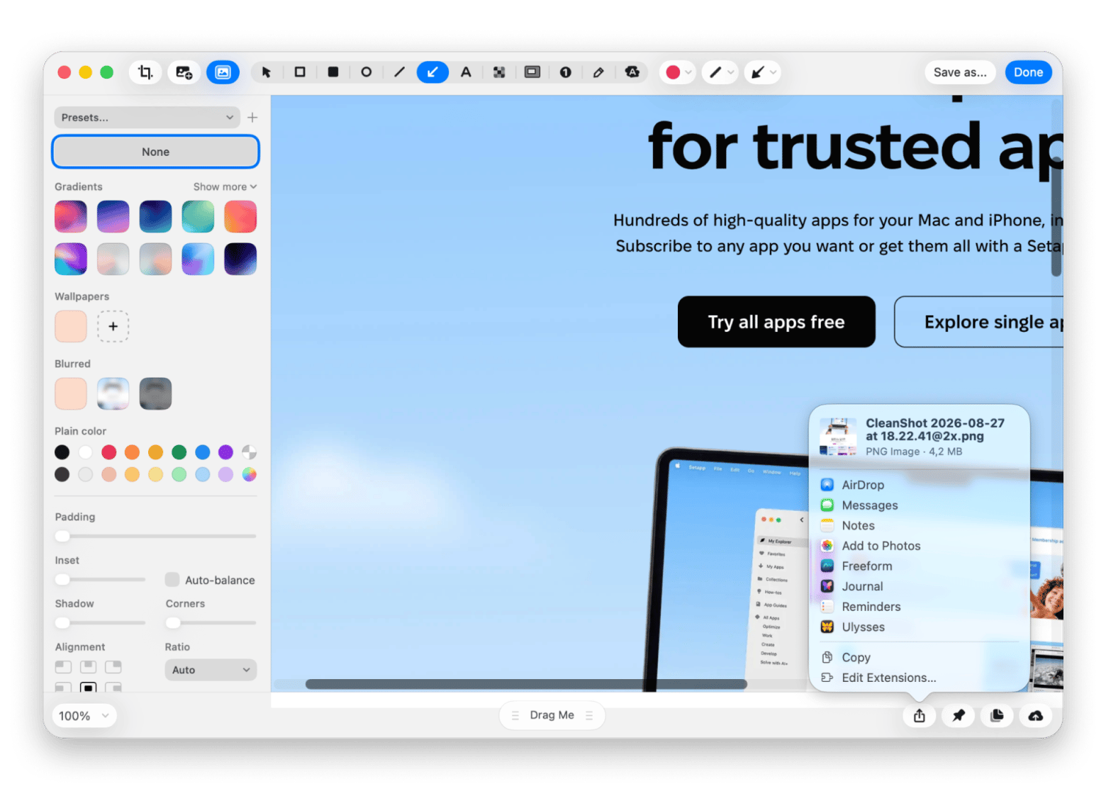 Export and share options in CleanShot X, including CleanShot Cloud upload, a screenshot app available on Setapp