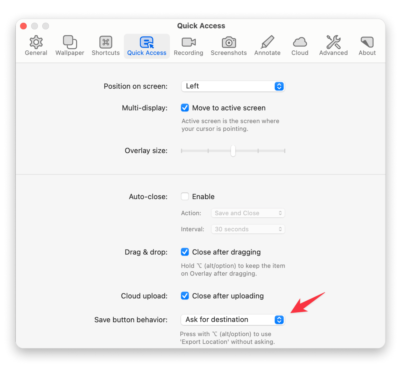 Die Quick-Access-Einstellungen von CleanShot X mit der Option „Nach Speicherort fragen", verfügbar auf Setapp