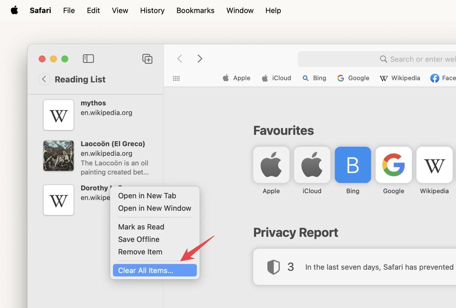 clear all items in reading list safari