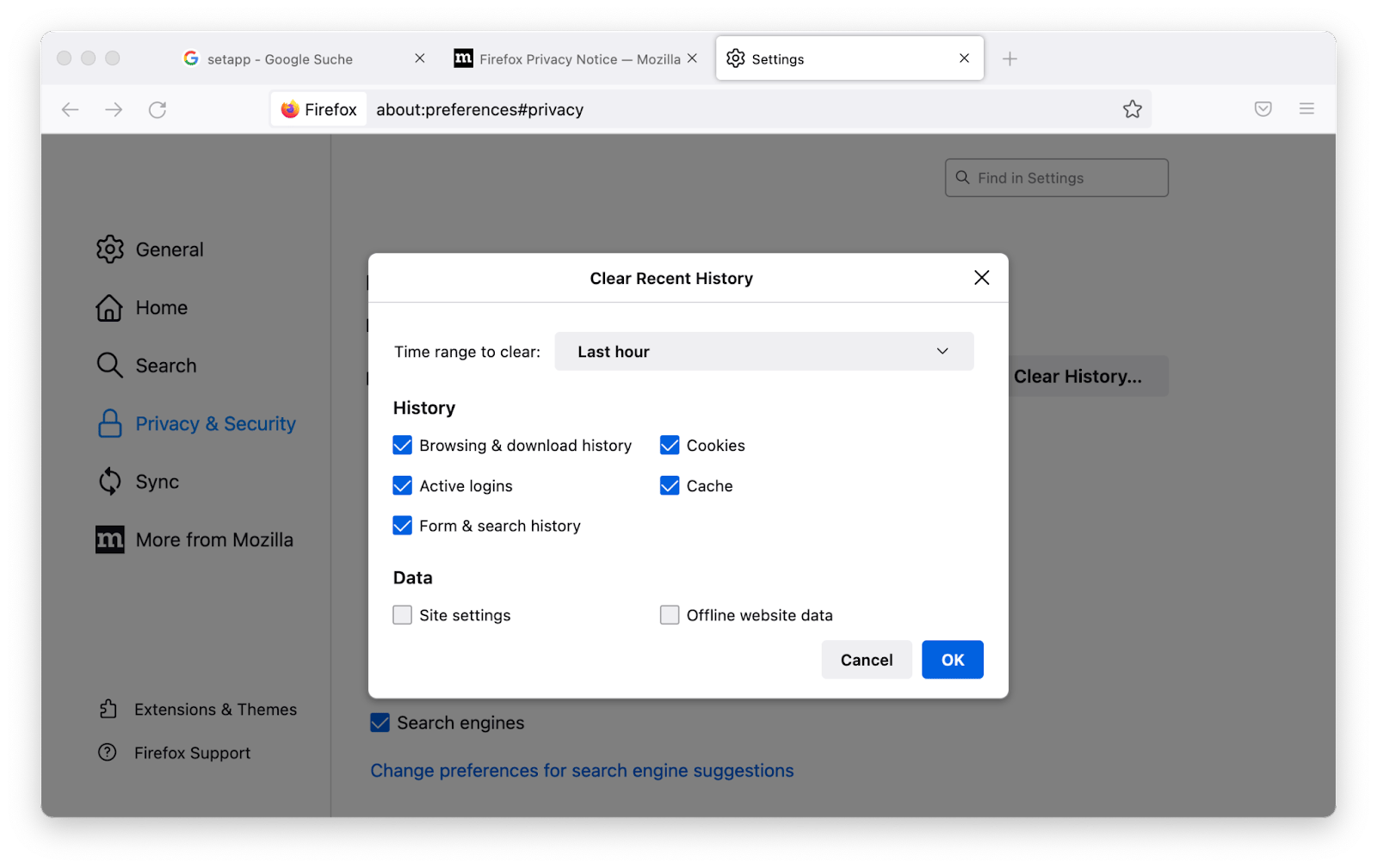 clear cache firefox