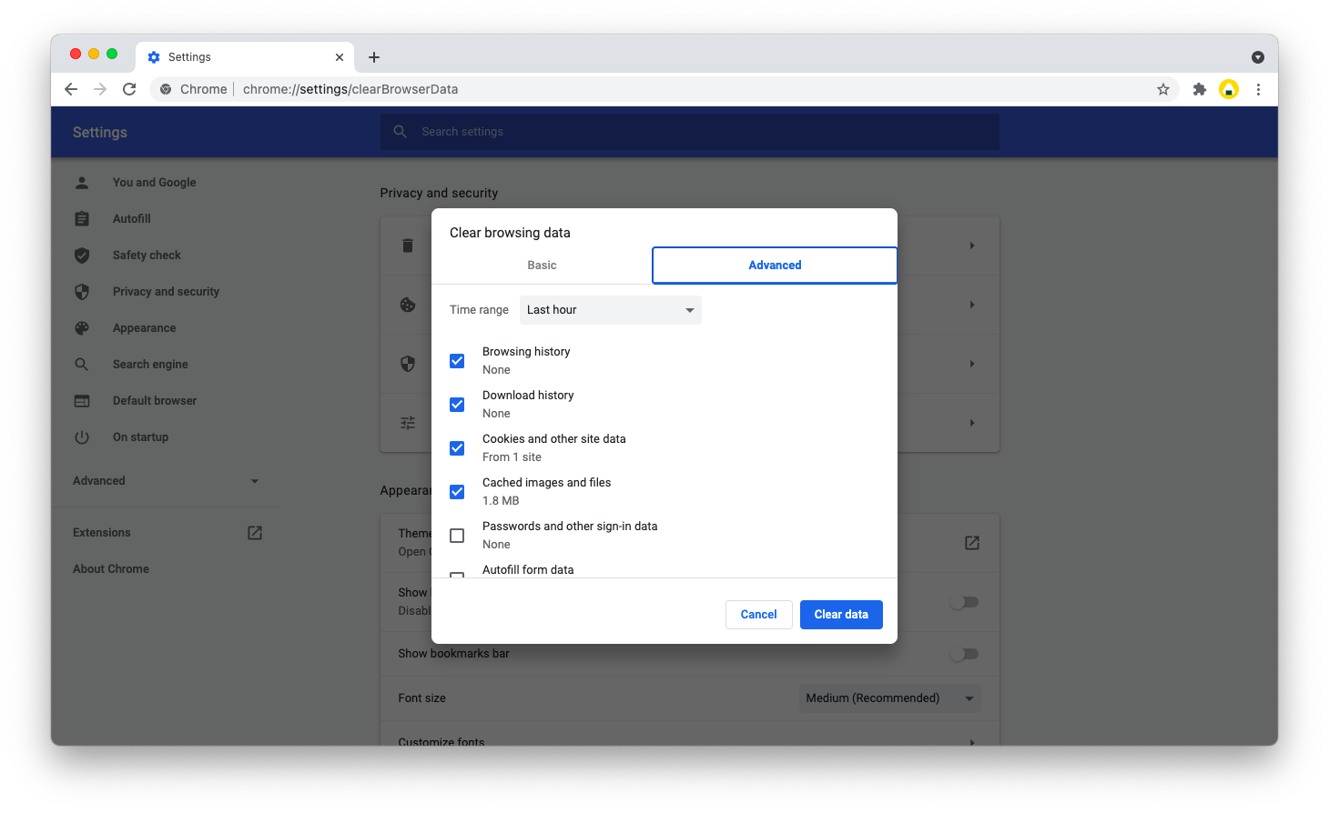 Clear browser cache data