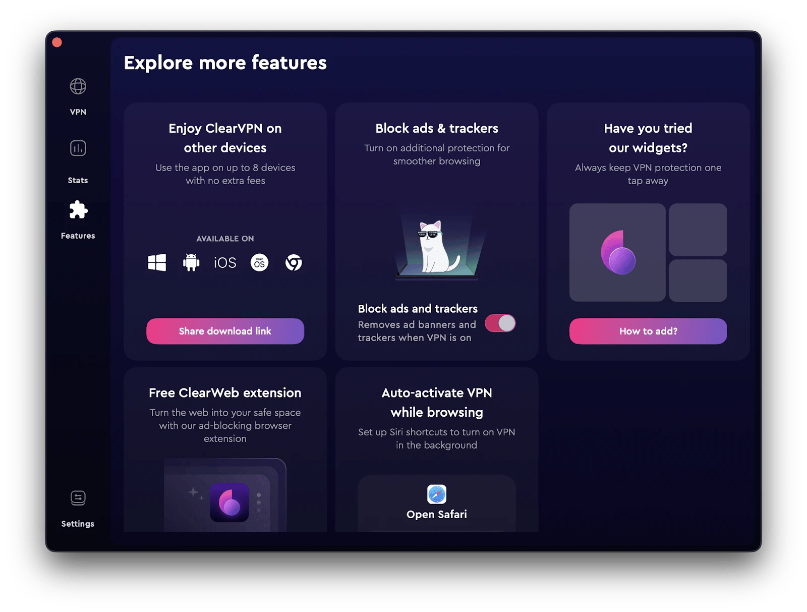 The Features menu of ClearVPN, an intuitive VPN app that is available on Setapp.