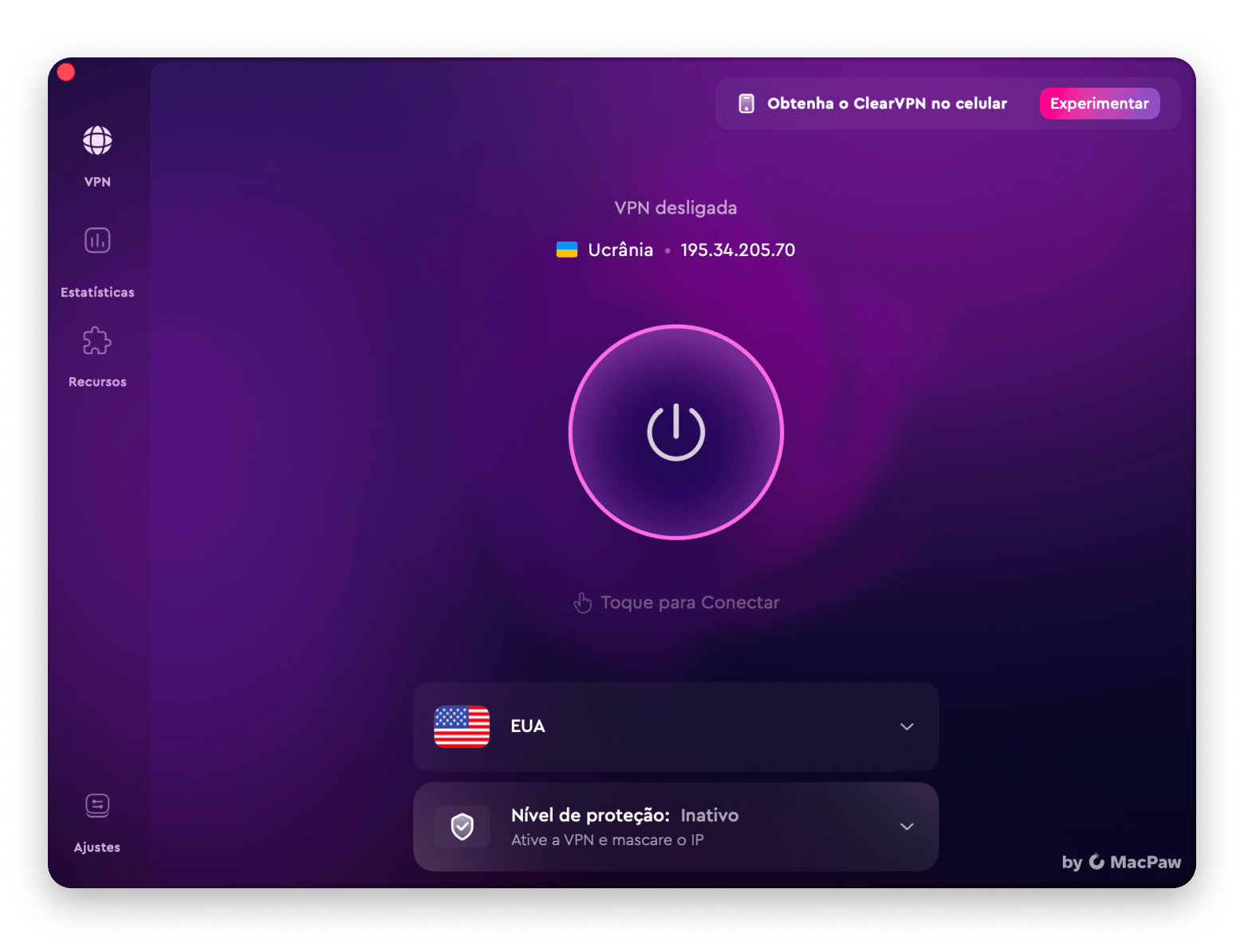 Tela de conexão do ClearVPN para alterar localização, disponível no Setapp