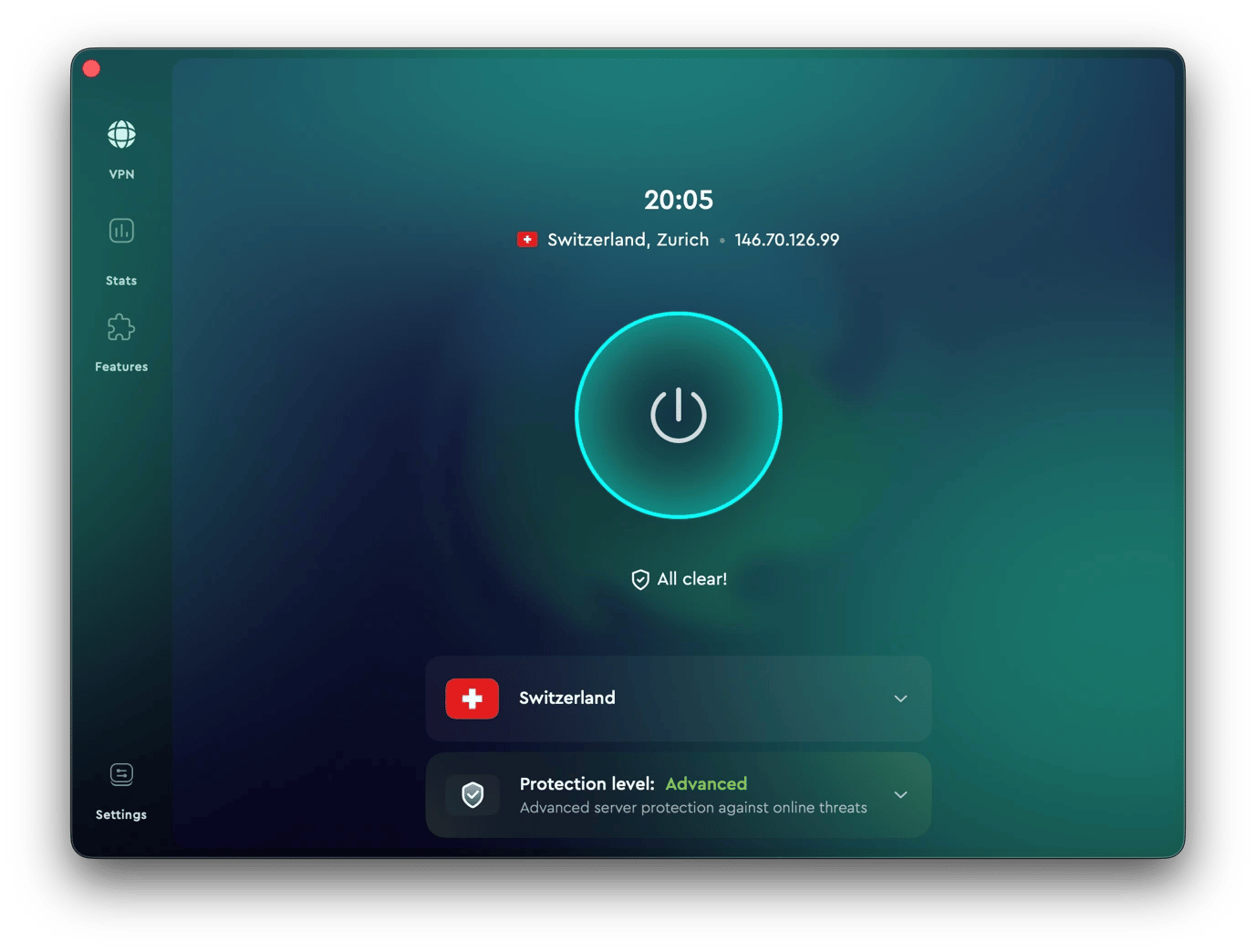 Connecting to Switzerland via ClearVPN, a VPN tool available on Setapp