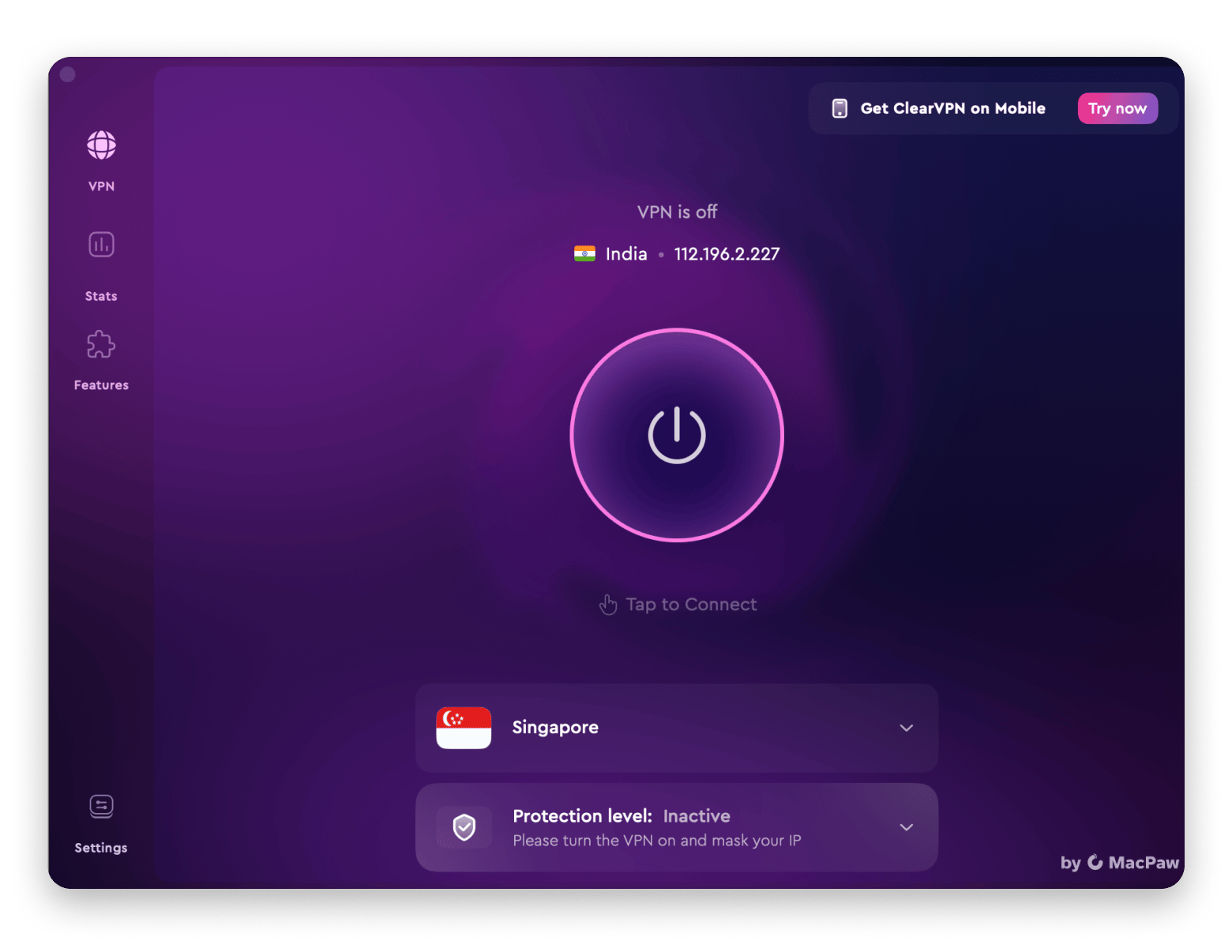 The interface of ClearVPN, a VPN app that is available on Setapp 