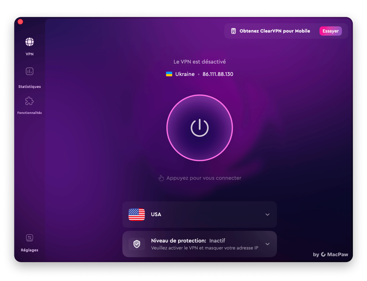 Interface de ClearVPN sur Mac montrant la connexion en un clic pour accéder à une vidéo YouTube géobloquée, disponible sur Setapp