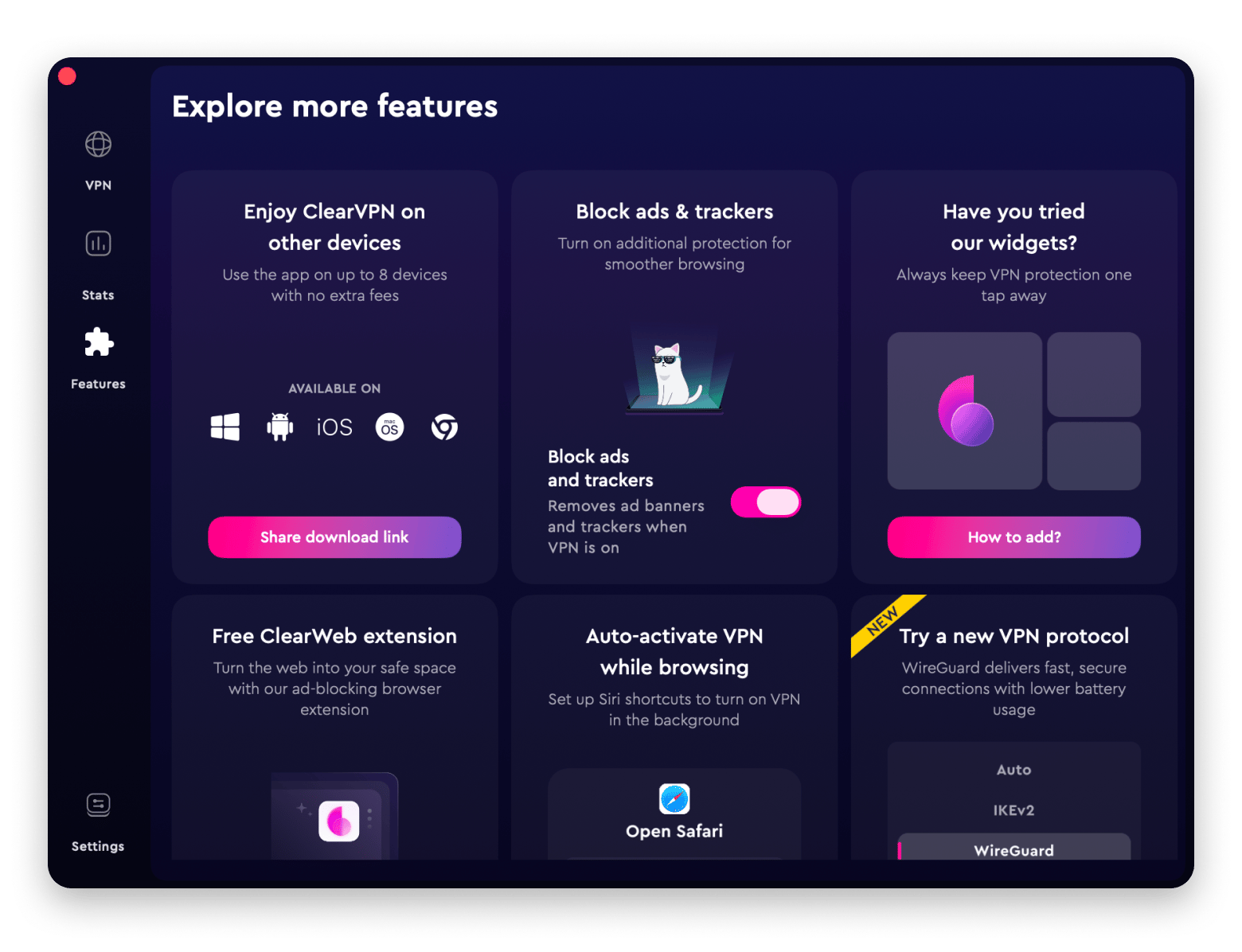 The features of ClearVPN, a VPN app available on Setapp