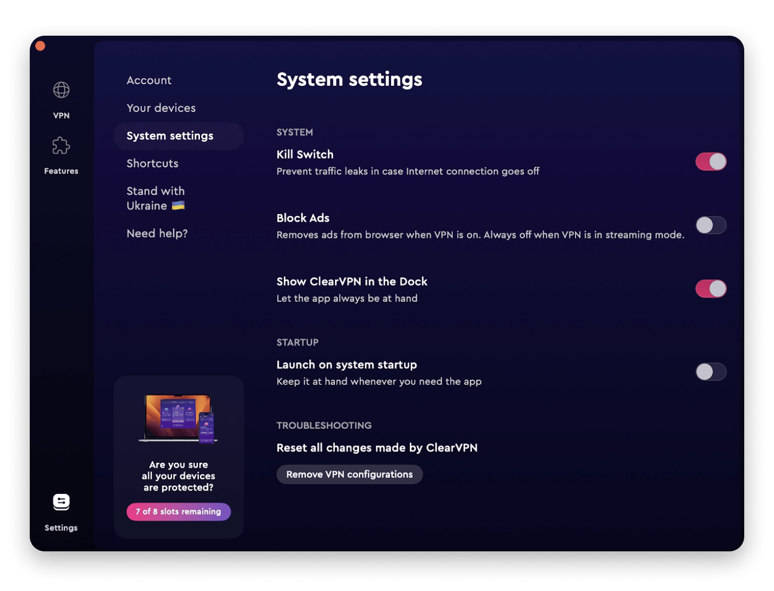 The Kill Switch settings in ClearVPN, a VPN app available on Setapp