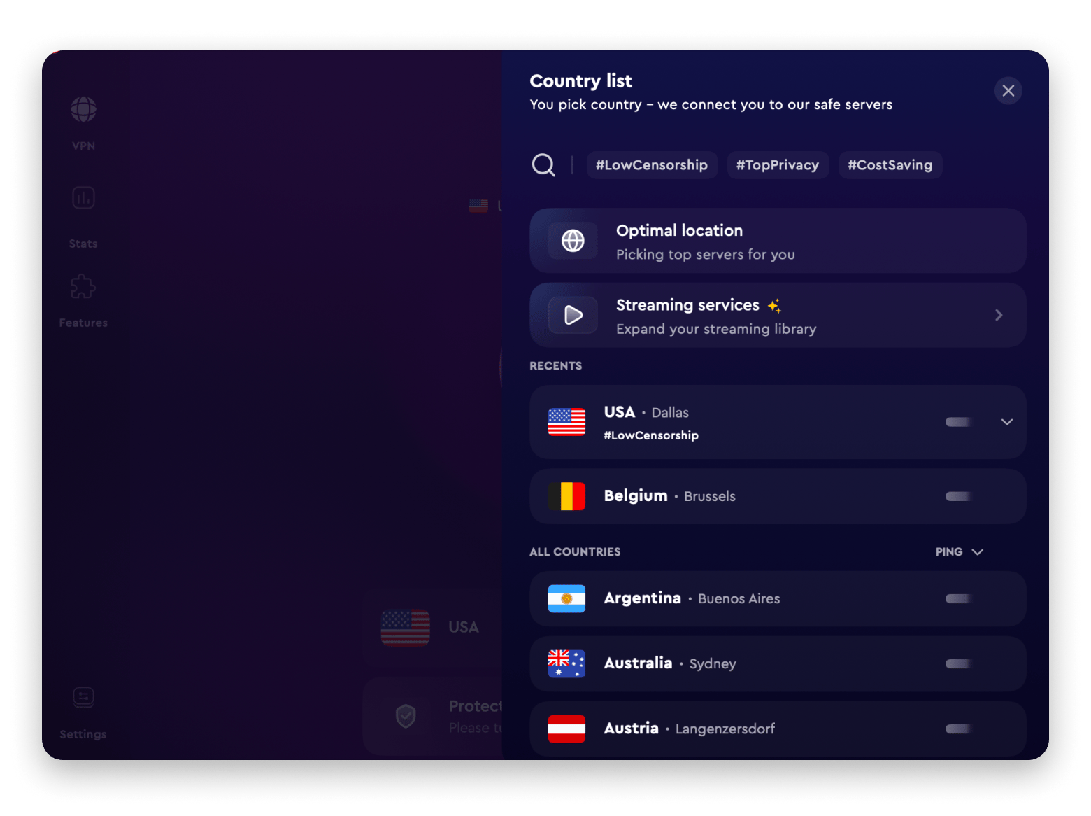 Country selection interface showing server locations and streaming options in ClearVPN, a VPN and privacy protection app that is available on Setapp Country selection interface showing server locations and streaming options in ClearVPN, a VPN and privacy protection app that is available on Setapp
