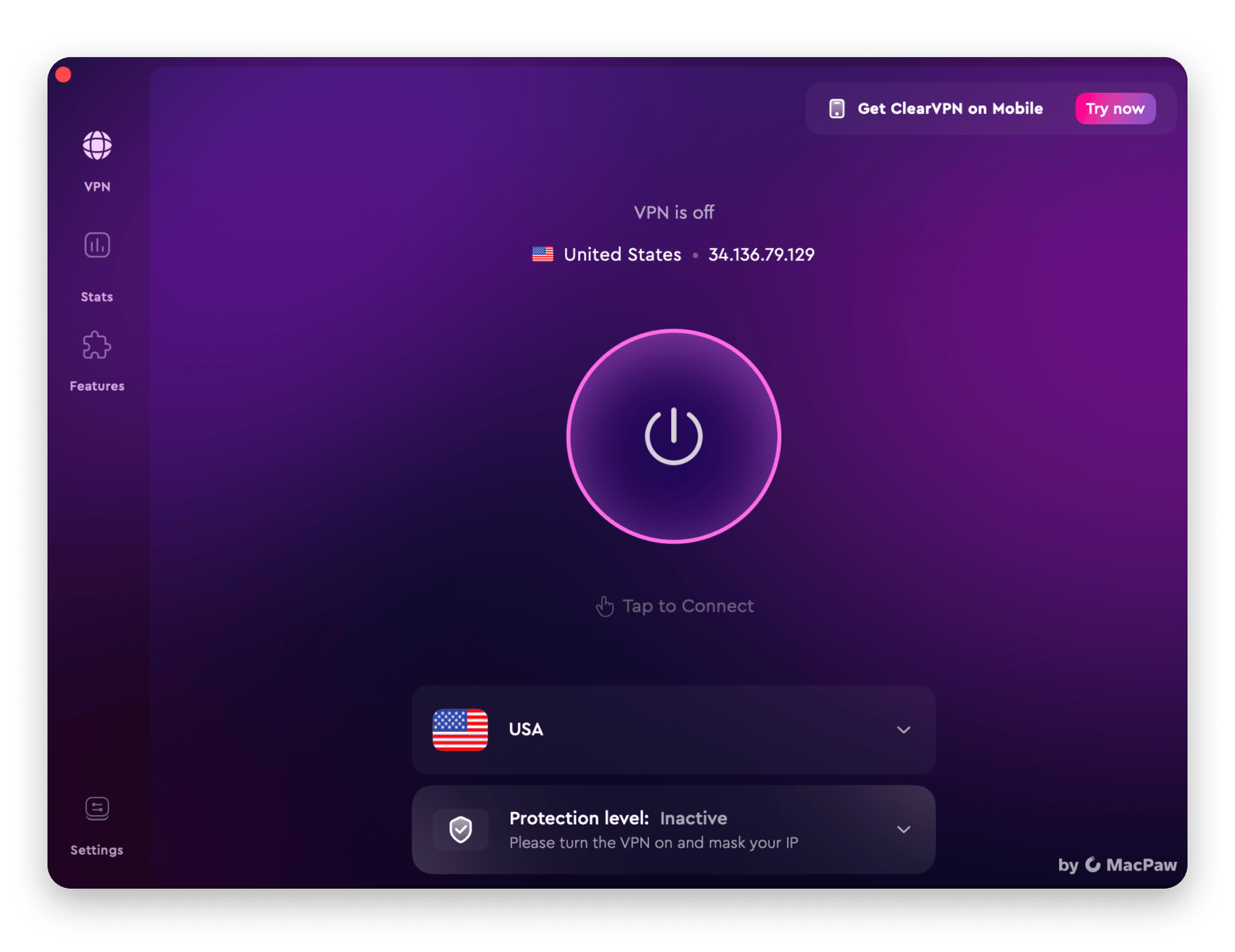 The start window of CleaeVPN, a VPN app that is available on Setapp.