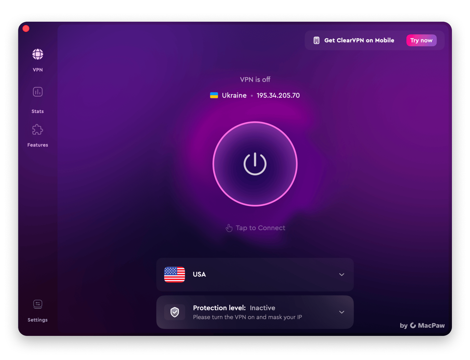 Toggling VPN on and off from the menu bar with ClearVPN, available on Setapp