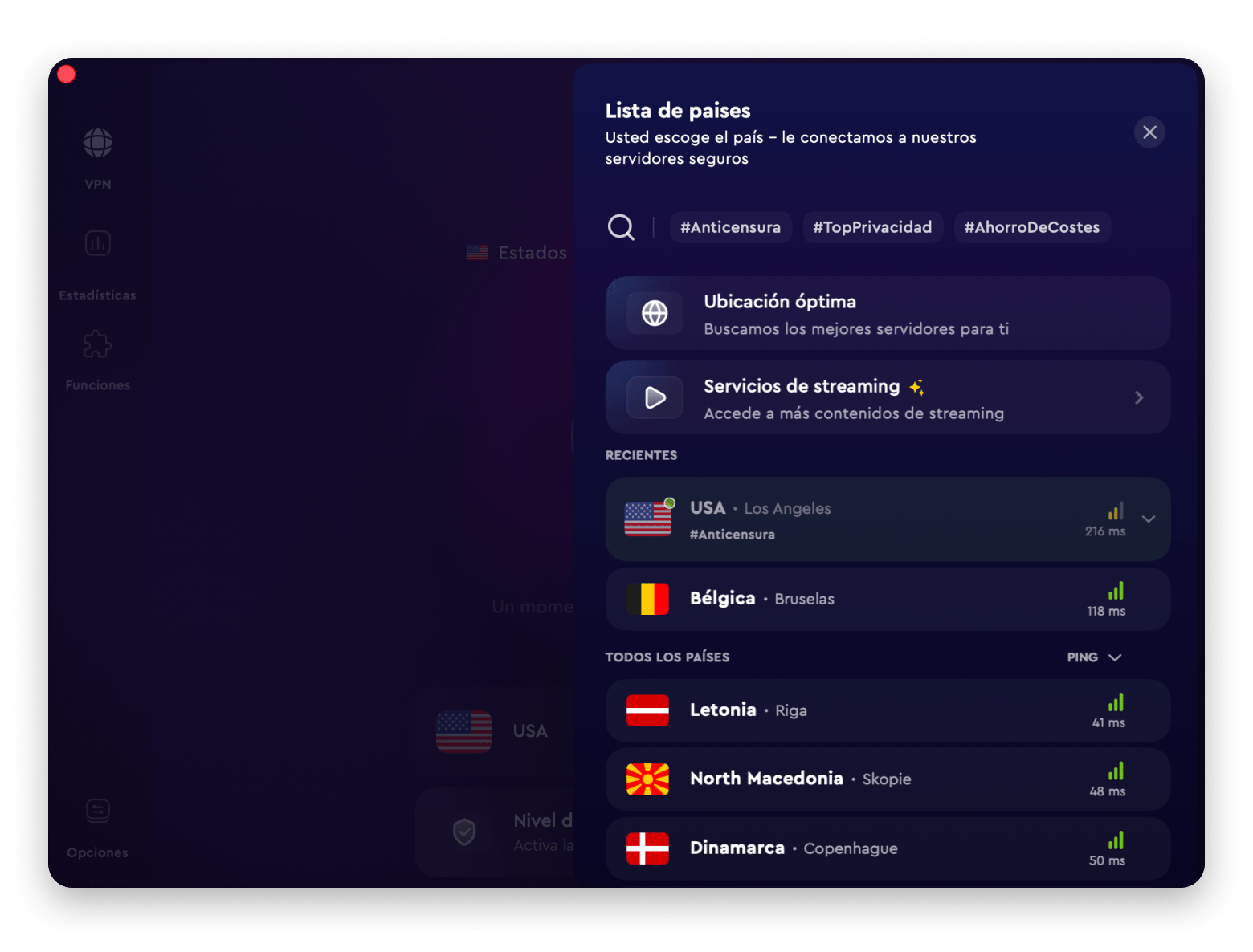 Selección de ubicación en ClearVPN &mdash; app de VPN disponible en Setapp.
