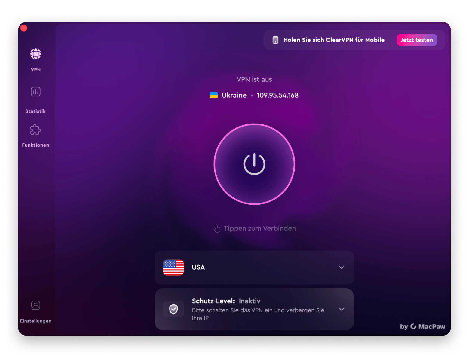 Die Verbindungsansicht von ClearVPN, einem VPN für sichere Internetverbindungen, verfügbar auf Setapp