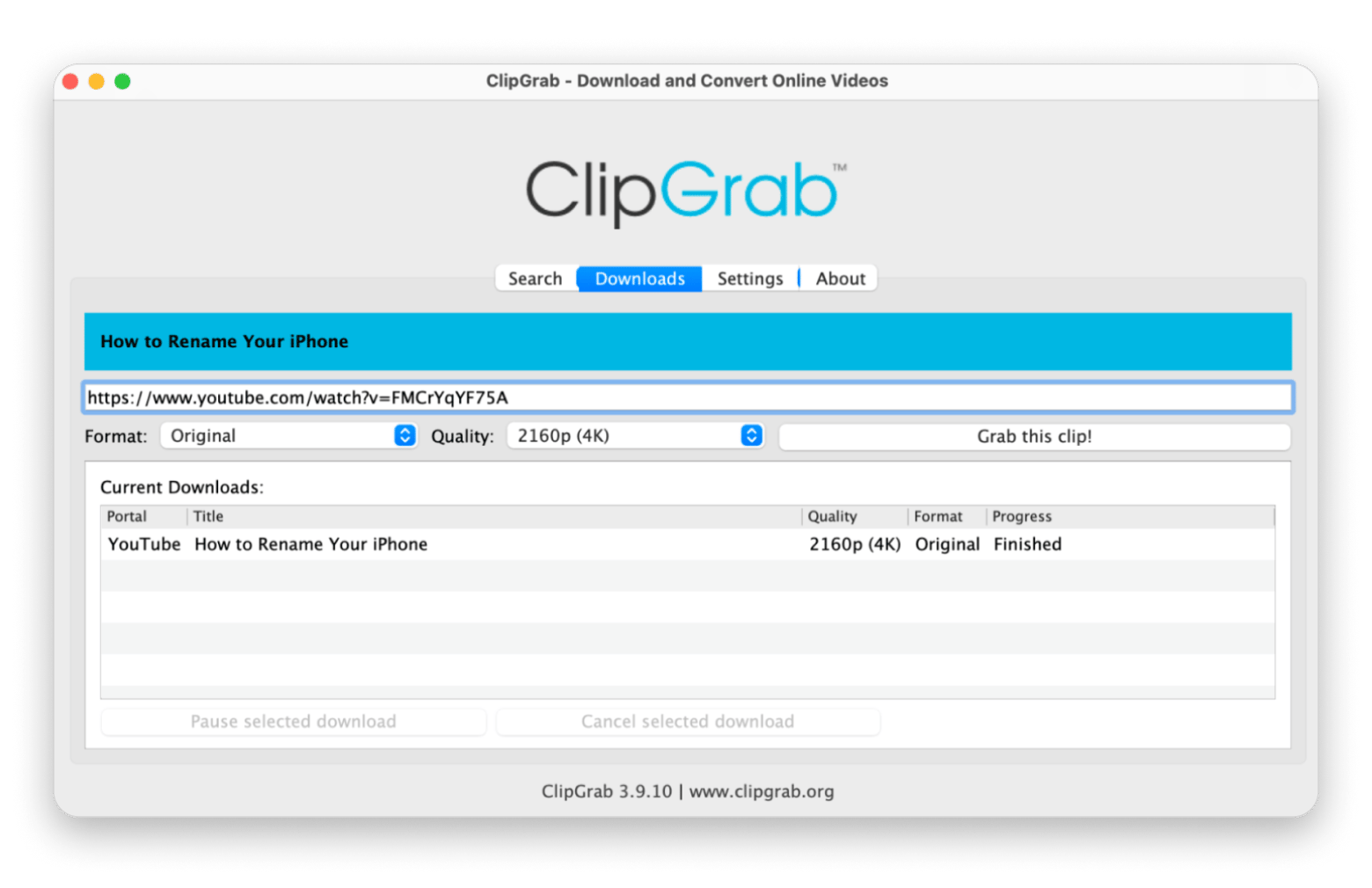 Interfaz de ClipGrab, descargador gratuito de YouTube multiplataforma