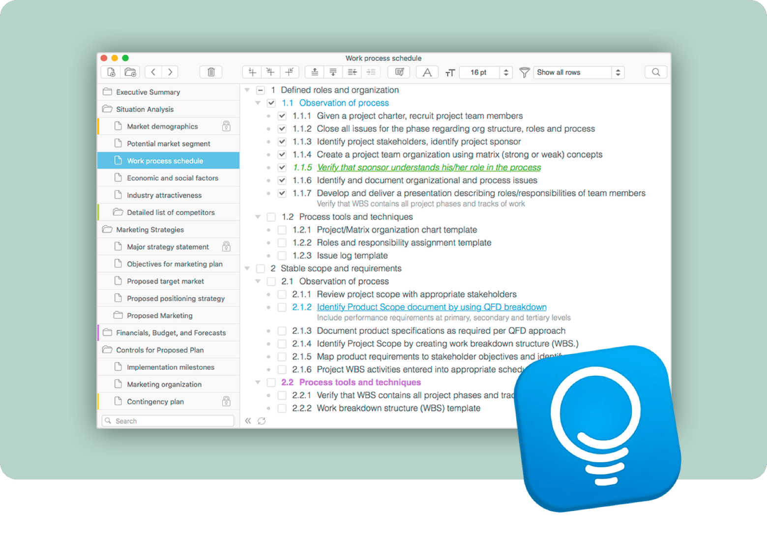 Work process schedule in Cloud Outliner, an app from Setapp for creating visual outlines Work process schedule in Cloud Outliner, an app from Setapp for creating visual outlines