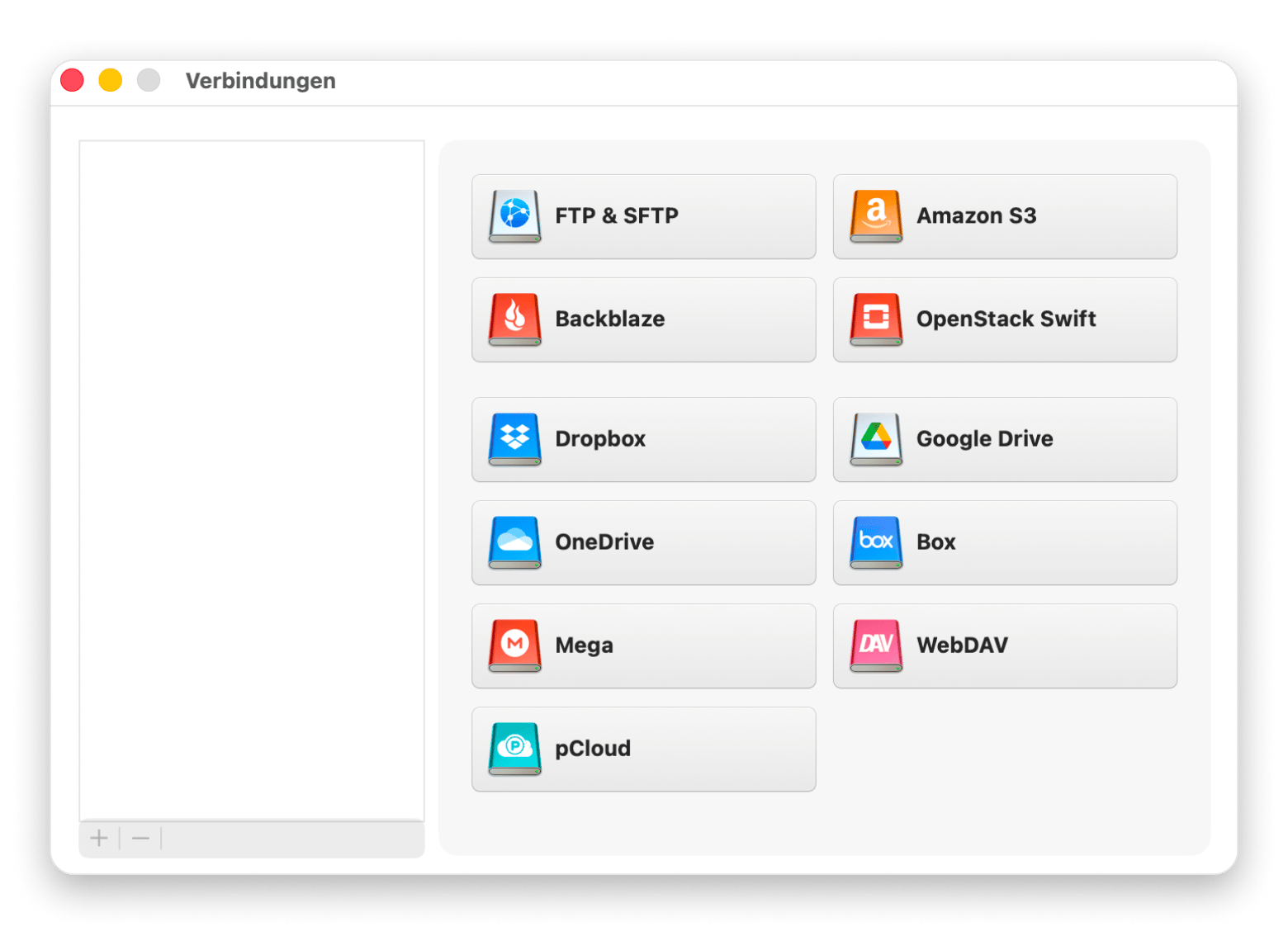 Das Auswahlmenü von CloudMounter, einer Cloud-Management-App, die auf Setapp verfügbar ist