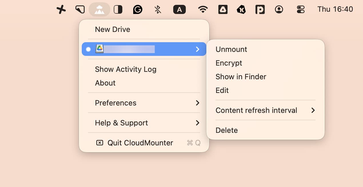 The menu bar of CloudMounter, a cloud storage managing app that is available on Setapp.