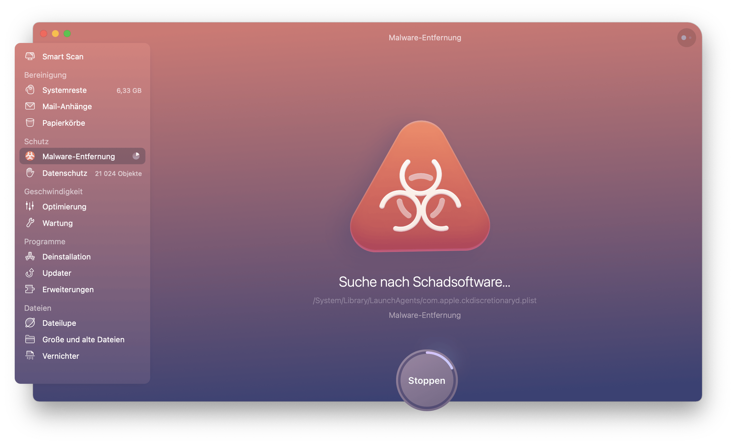 CleanMyMac X Malware-Entfernung in Arbeit