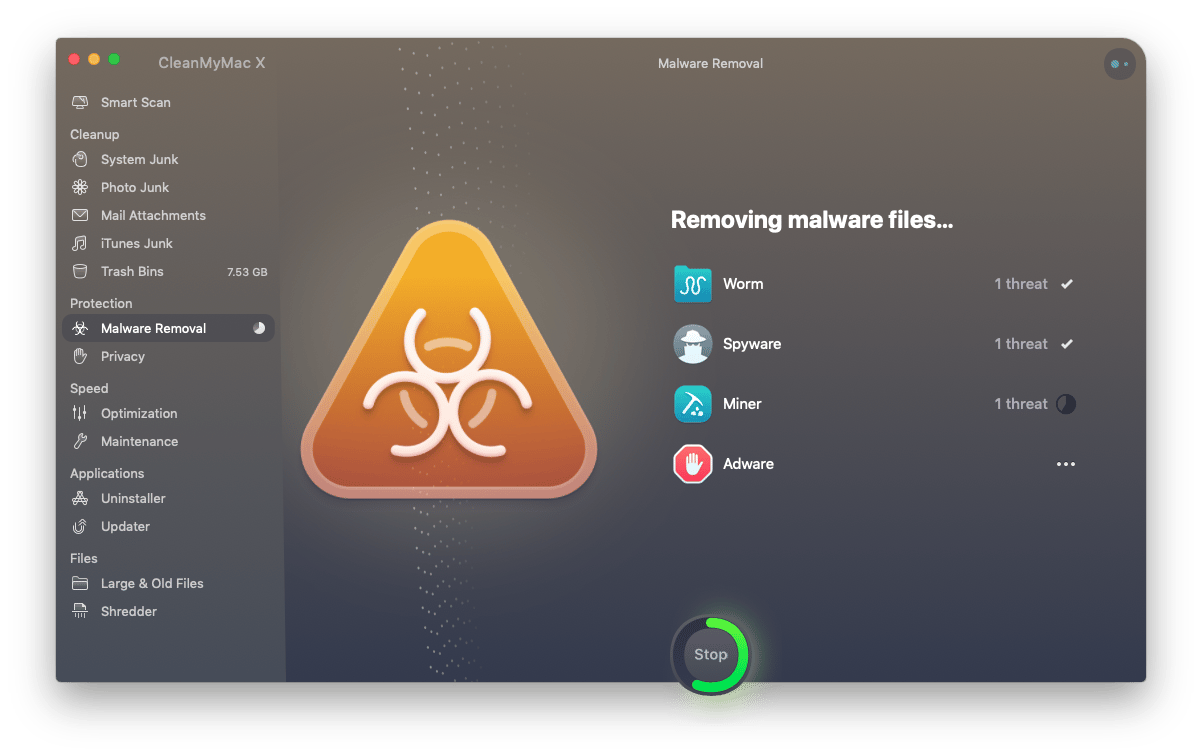 Nettoyage de logiciels malveillants de CleanMyMac X en cours