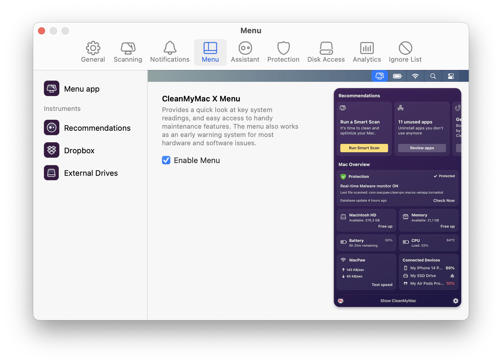 CleanMyMac X Menu enabled