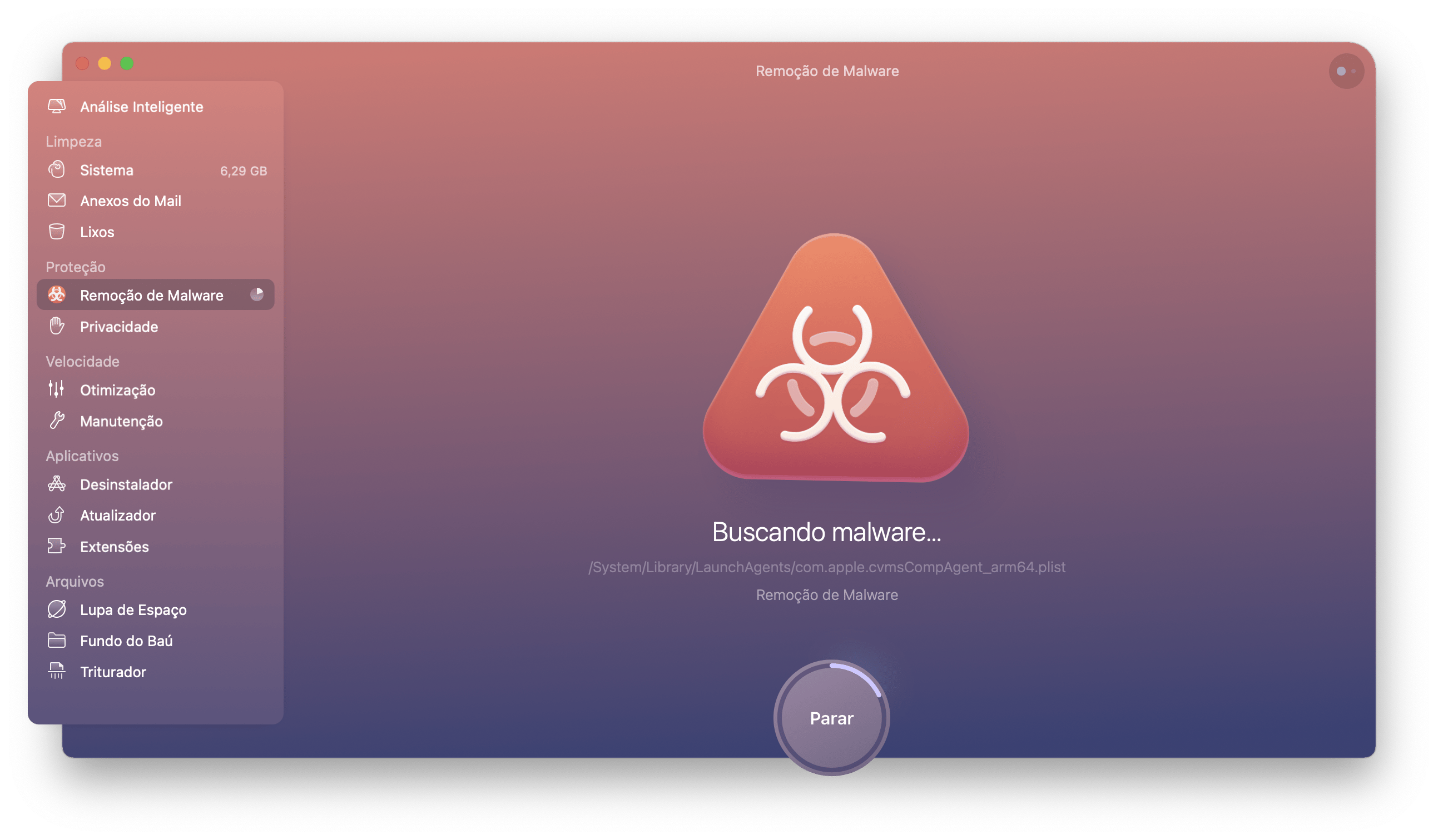 Limpeza em andamento no módulo de remoção de malware do CleanMyMac