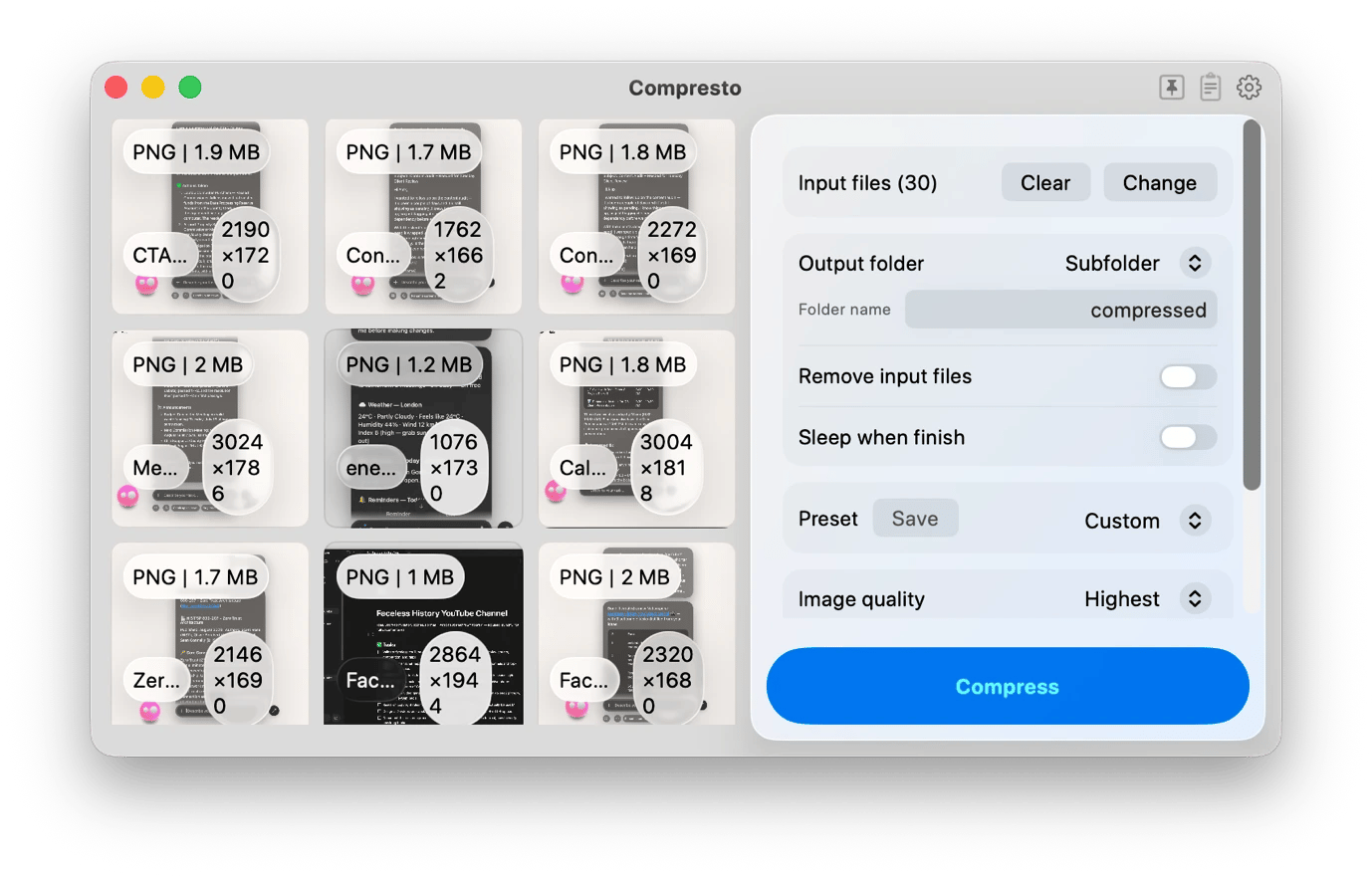 Compressing screenshots via Compresto, a utility tool available on Setapp