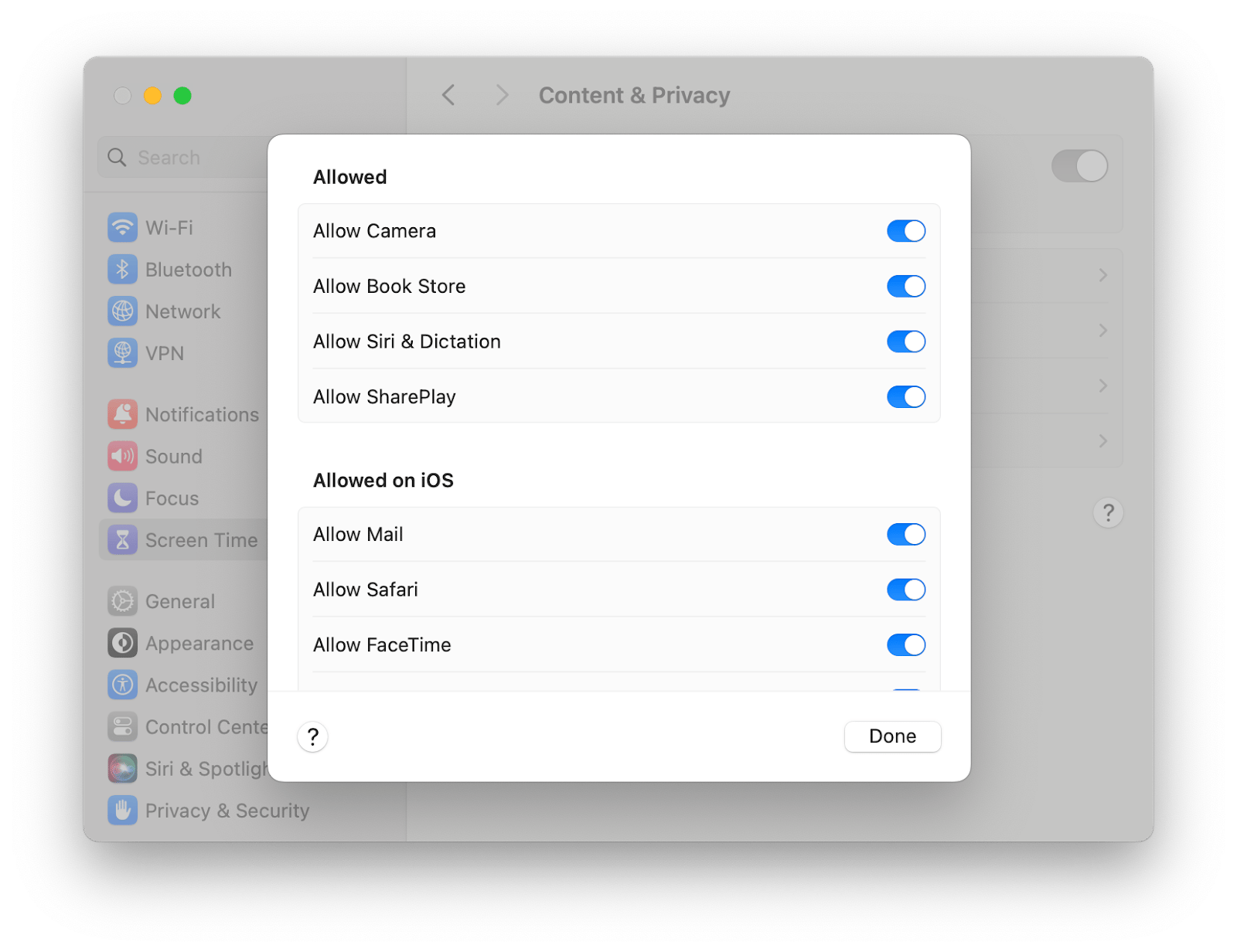 content and privacy toggle settings