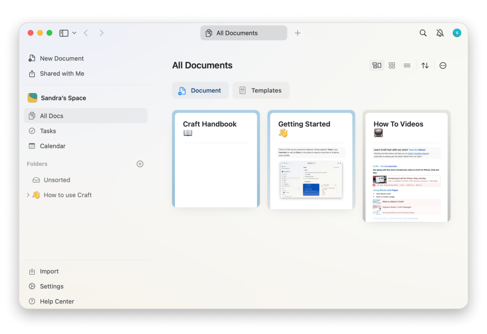 The All Document window of Craft, a document editing app that is available on Setapp.