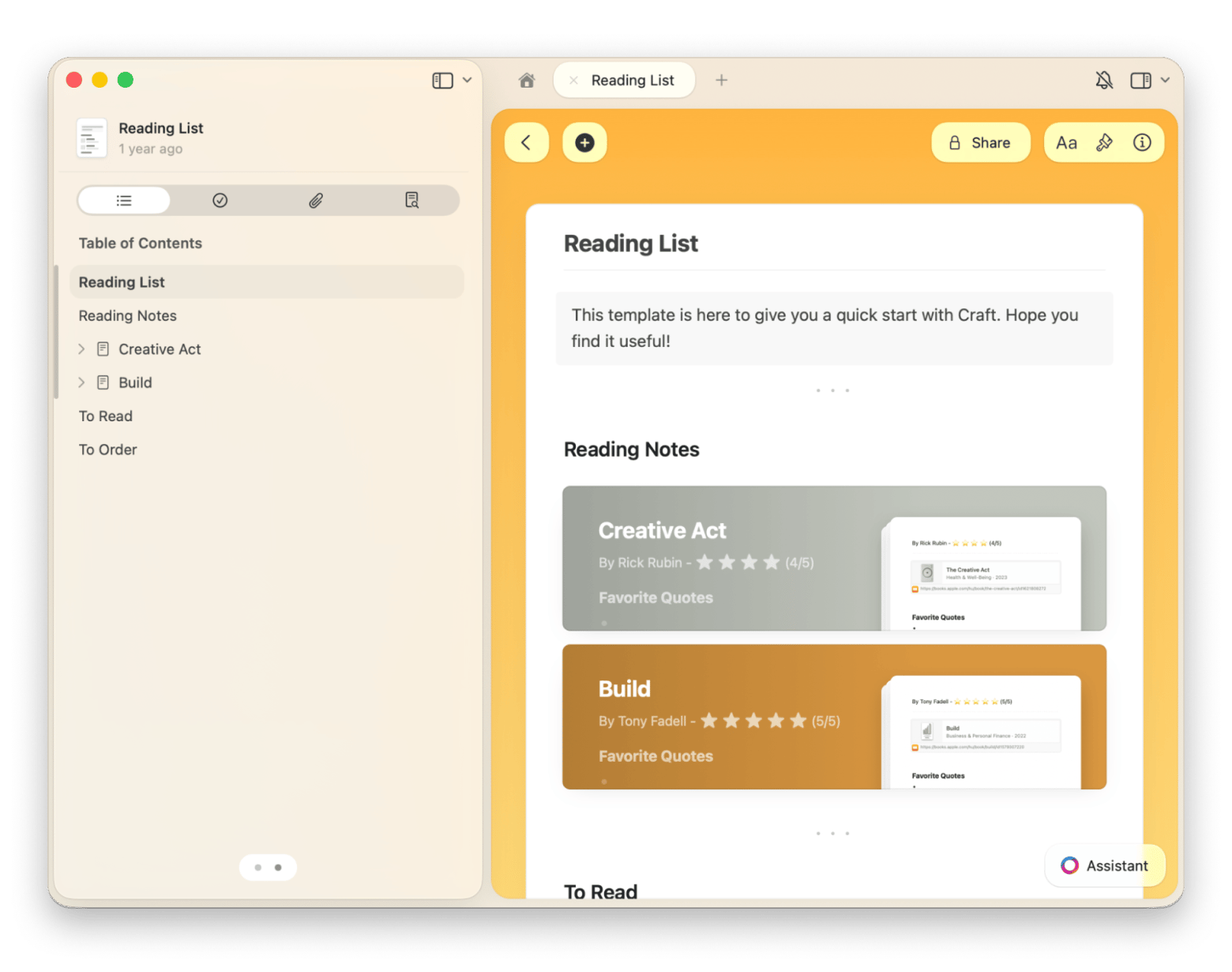 The interface of Craft, a structured writing and notes app that is available on Setapp