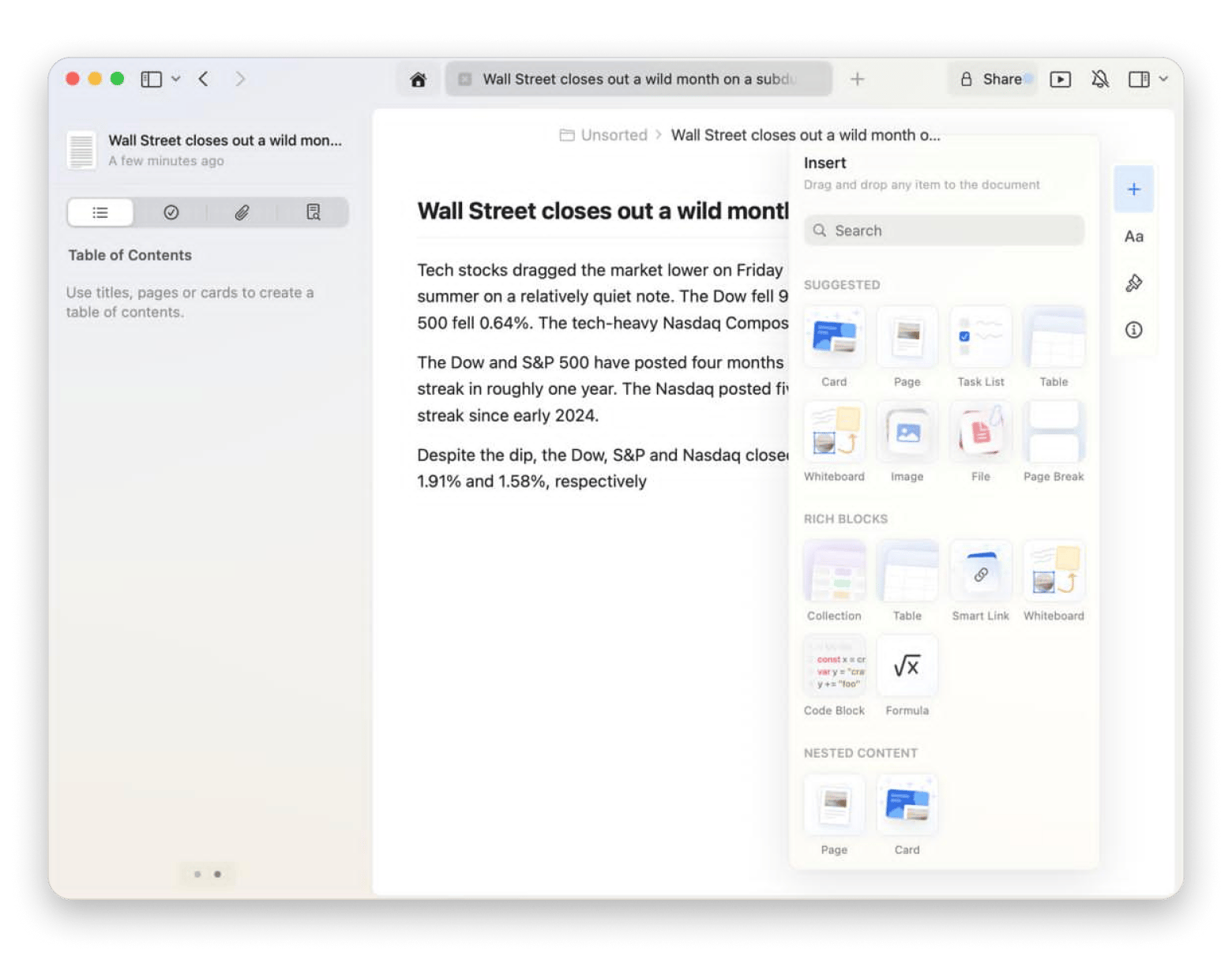 The layout of Craft, a note-taking app available on Setapp
