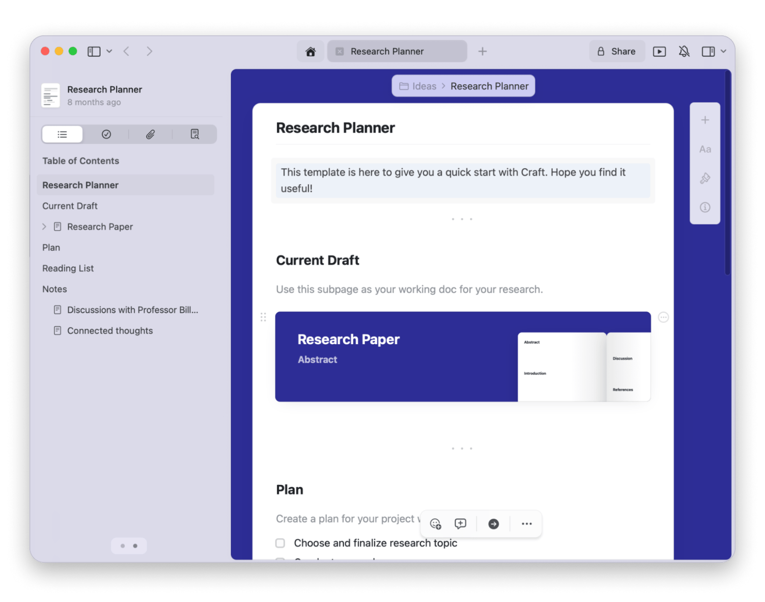The Research Paper builder on Craft, a note-taking app that's available on Setapp