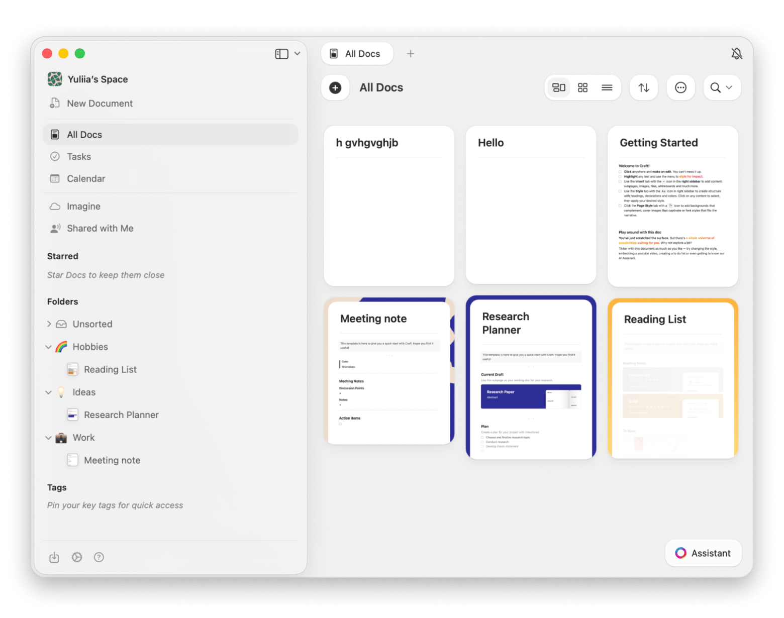 The start window of Craft, a note-taking app that is available on Setapp.